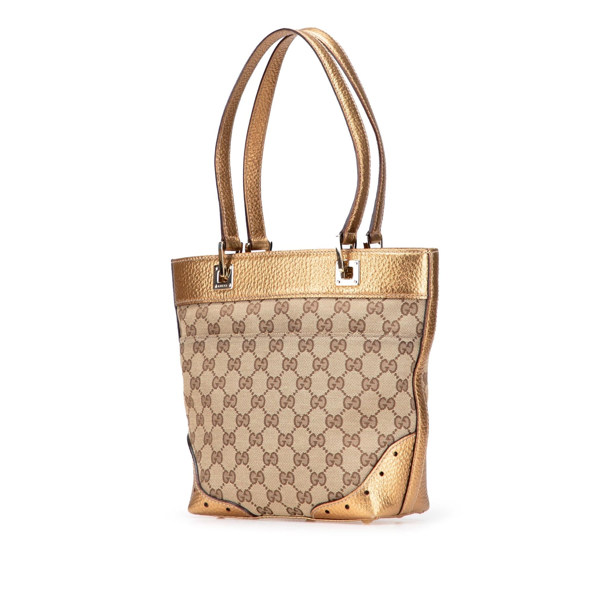 Gucci GG Punch Canvas Calf Brown Gold Tote Bag
