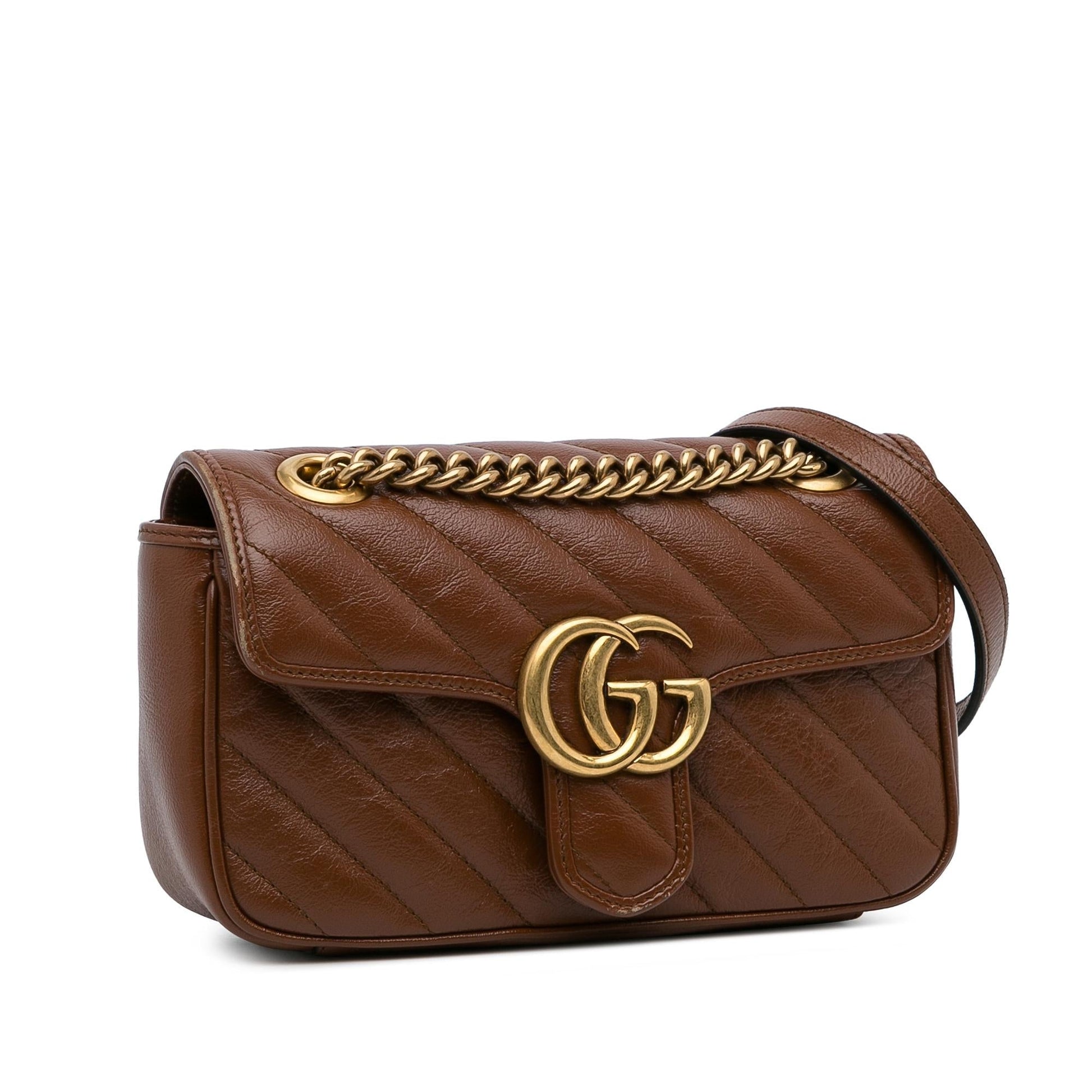 Gucci GG Marmont Diagonal SHG-pZxZ1I Calf Brown Small Shoulder Bag