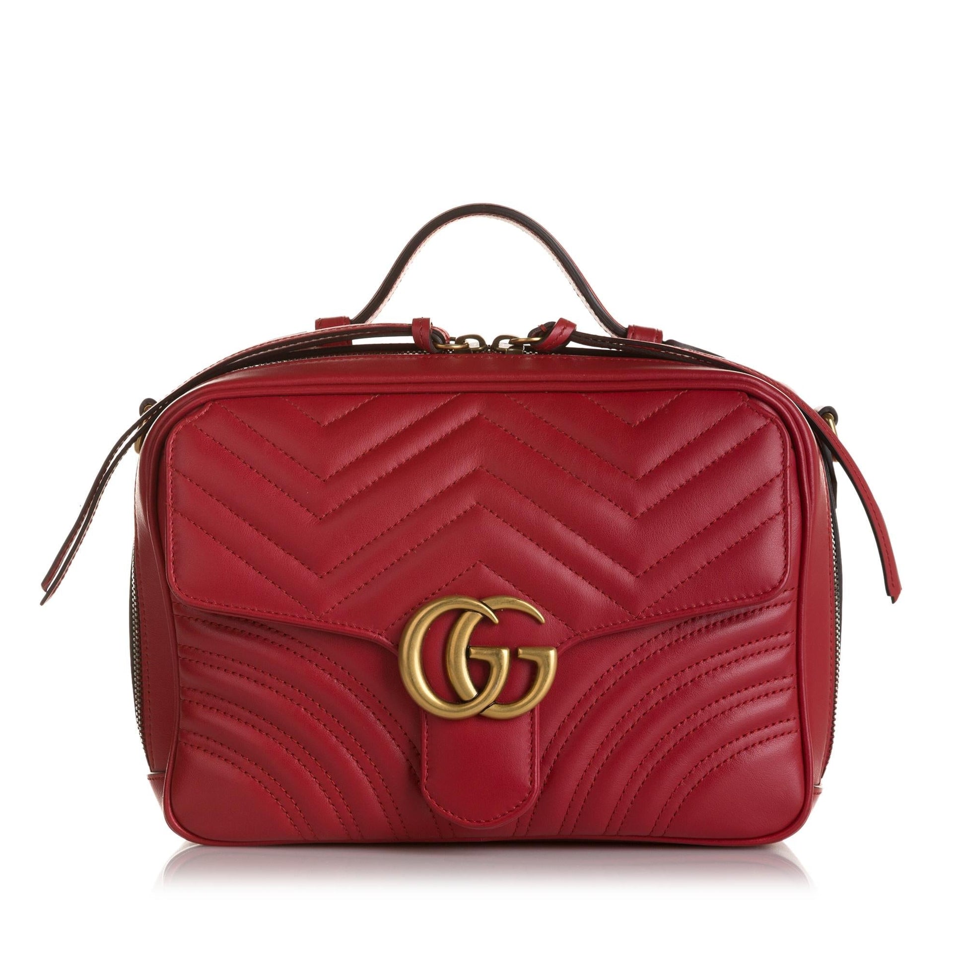 Gucci GG Marmont Top Handle SHG Matelasse Calf Red Small Satchel Bag