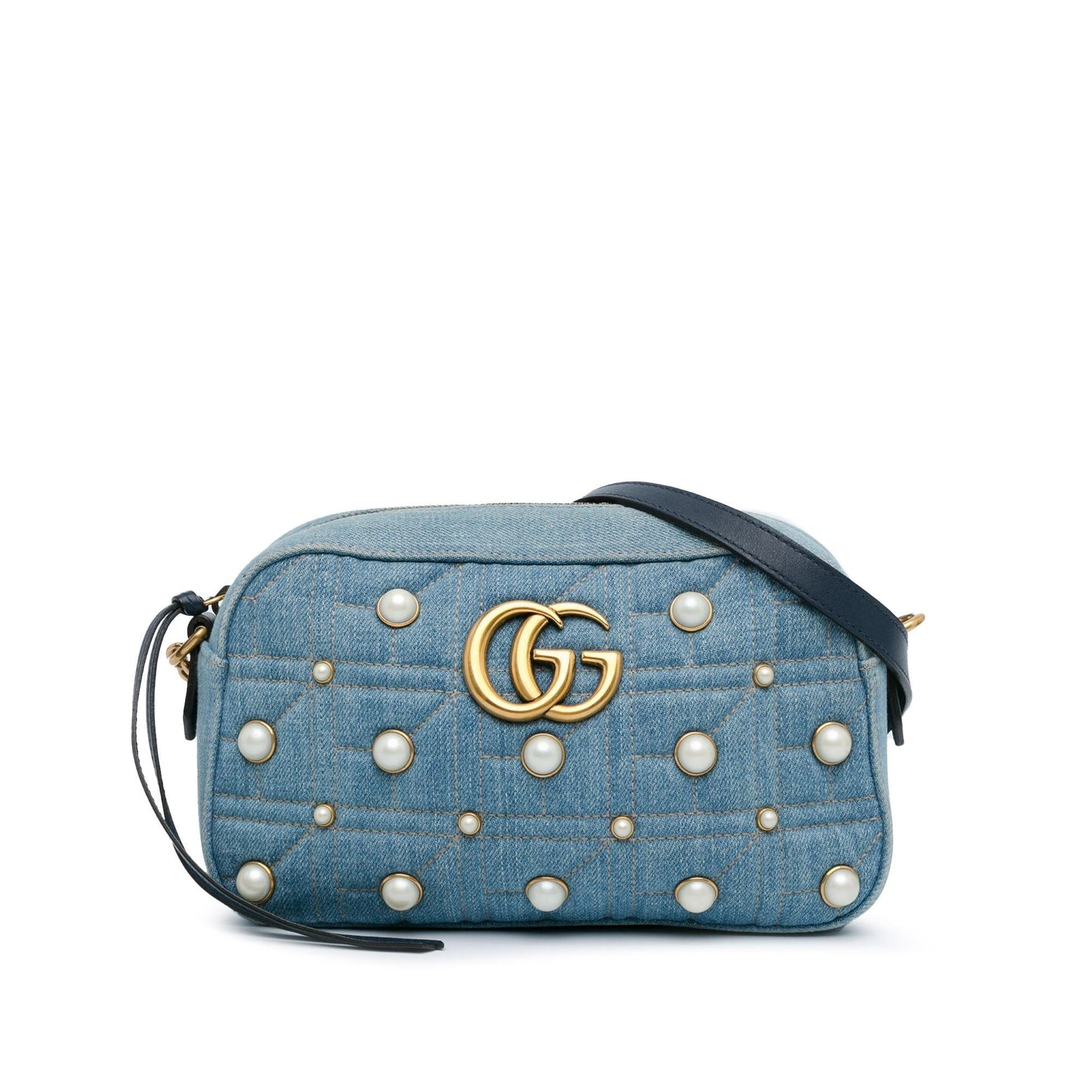 Gucci GG Marmont Pearl Studded SHG-phY0r4 Denim Blue Small Crossbody Bag