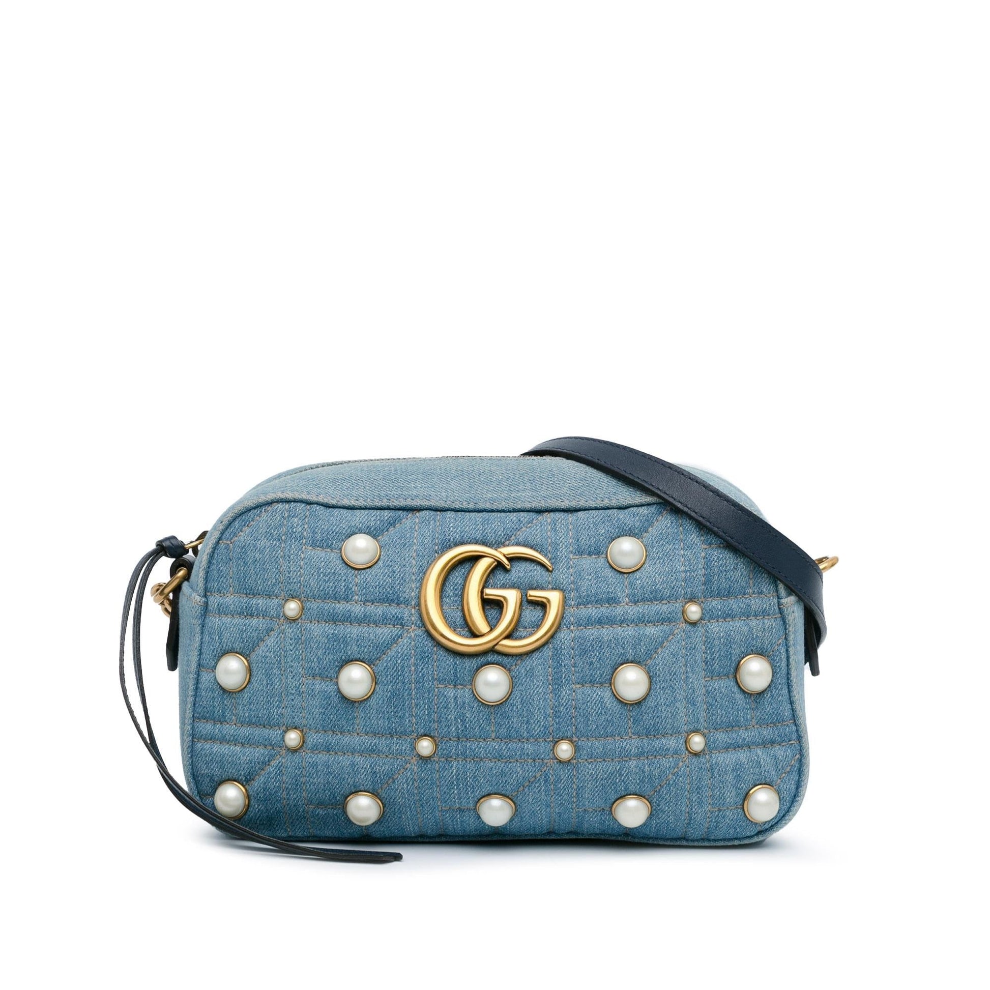 Gucci GG Marmont Pearl Studded SHG-phY0r4 Denim Blue Small Crossbody Bag