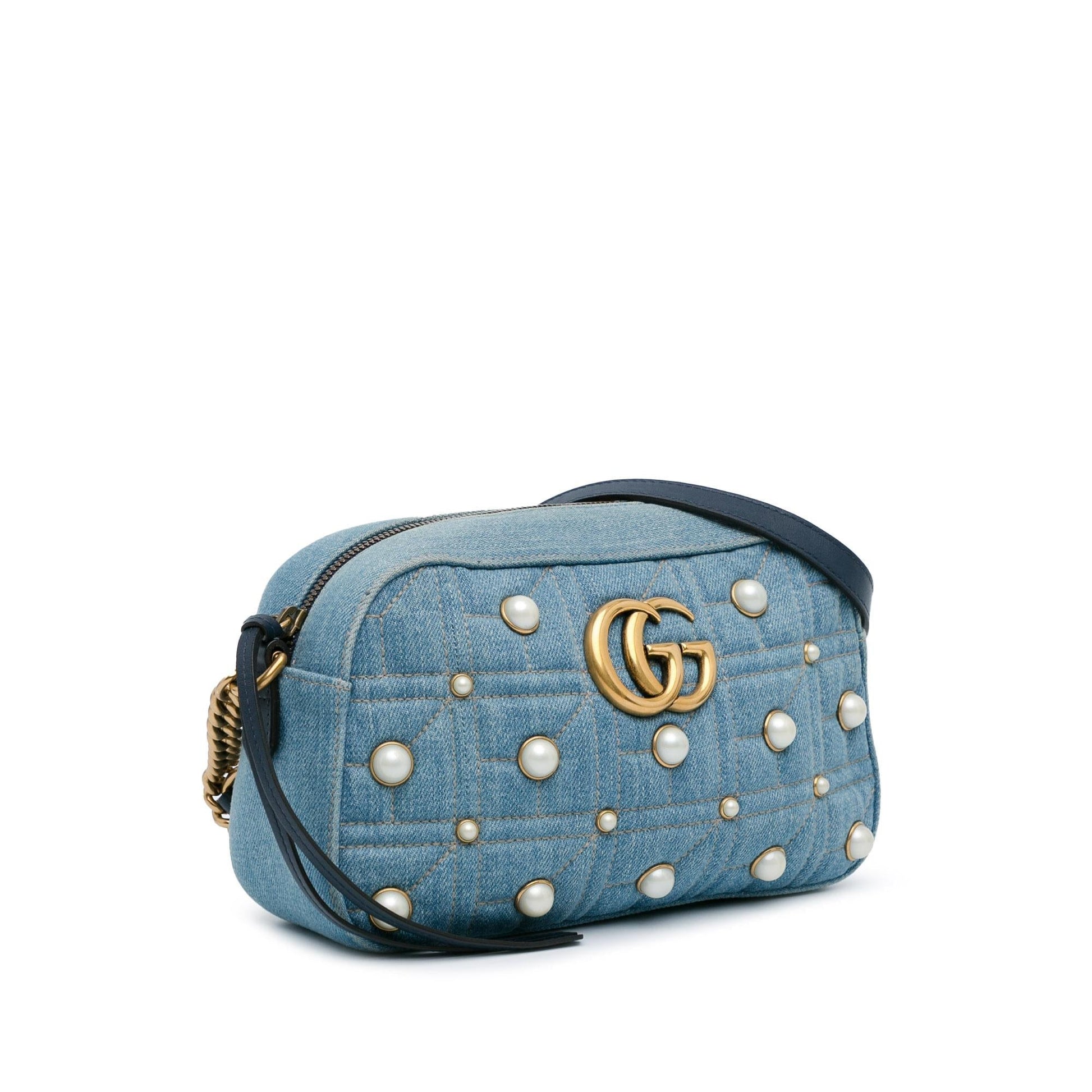 Gucci GG Marmont Pearl Studded SHG-phY0r4 Denim Blue Small Crossbody Bag