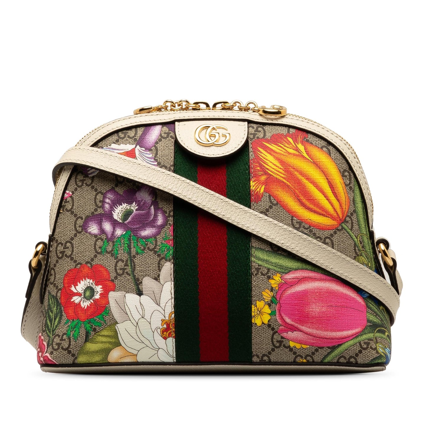 Gucci GG Supreme Flora Ophidia Dome Canvas Calf White Brown Crossbody Bag
