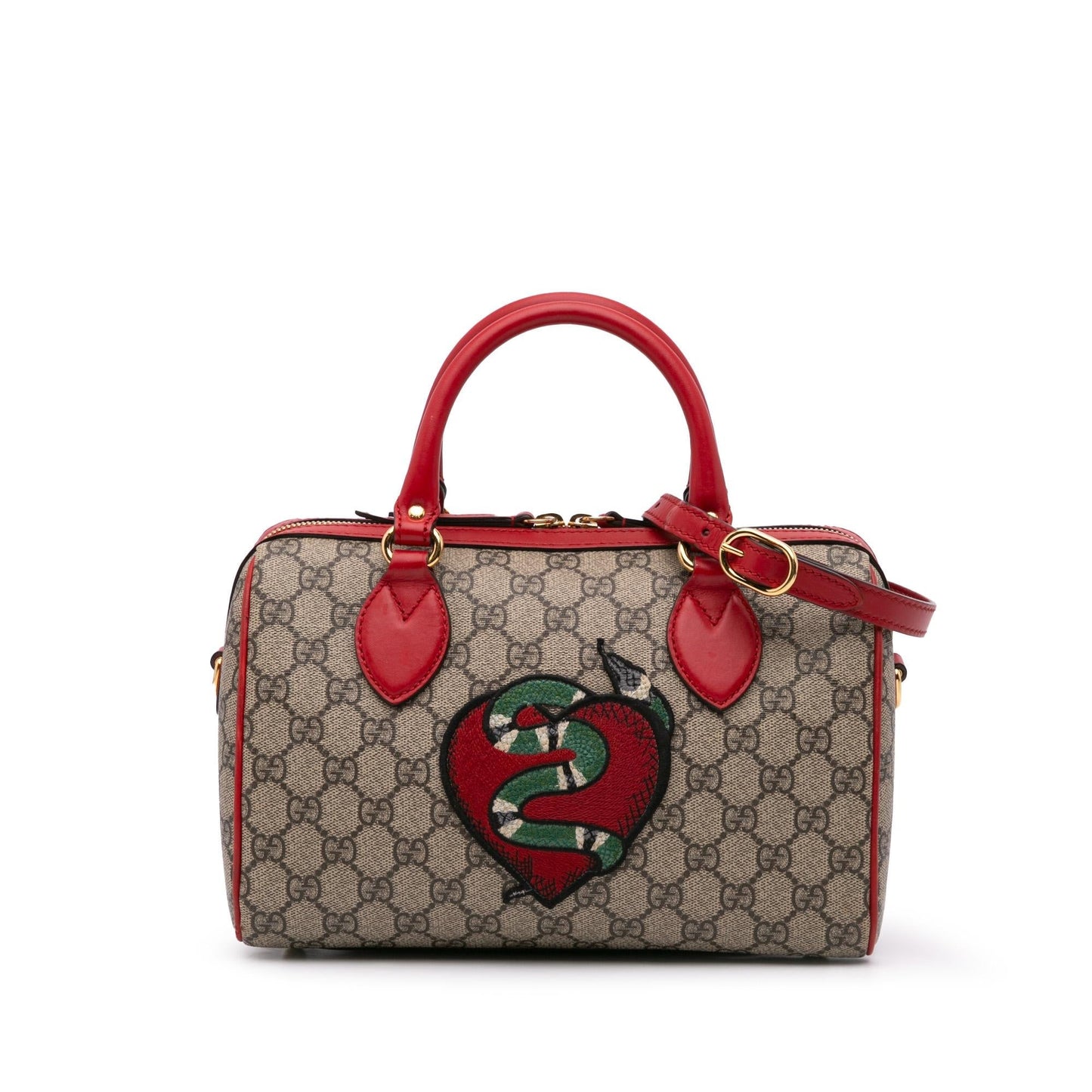 Gucci GG Supreme Kingsnake Heart Embroidered Canvas Calf Brown Satchel Bag
