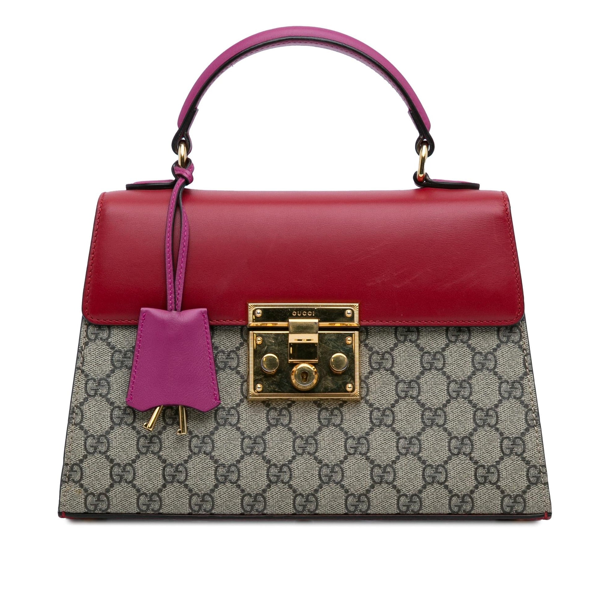 Gucci GG Supreme Padlock SHG-2Z0zjB Canvas Calf Brown Red Satchel Bag
