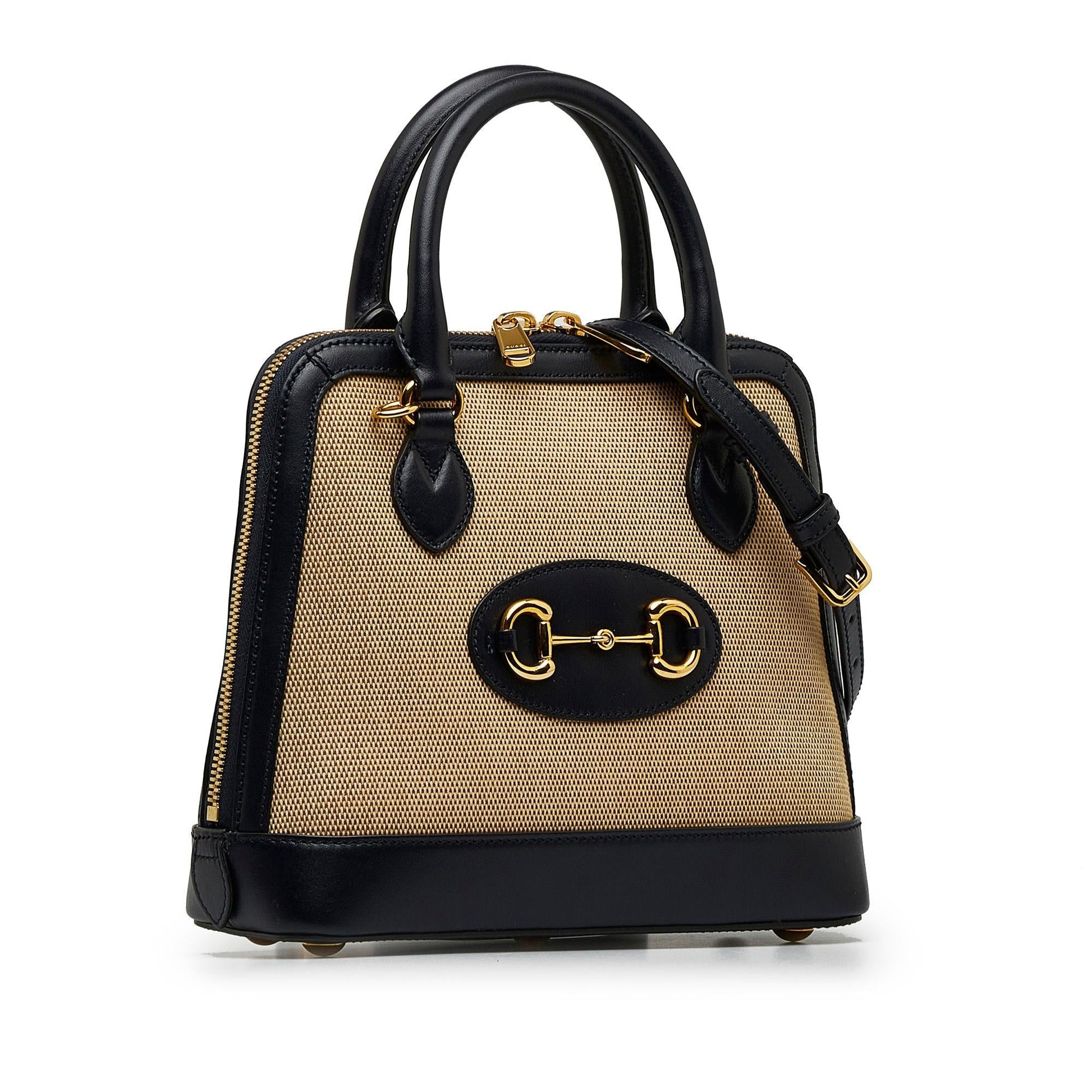 Gucci Horsebit Top Handle Canvas Calf Black Brown Satchel Bag