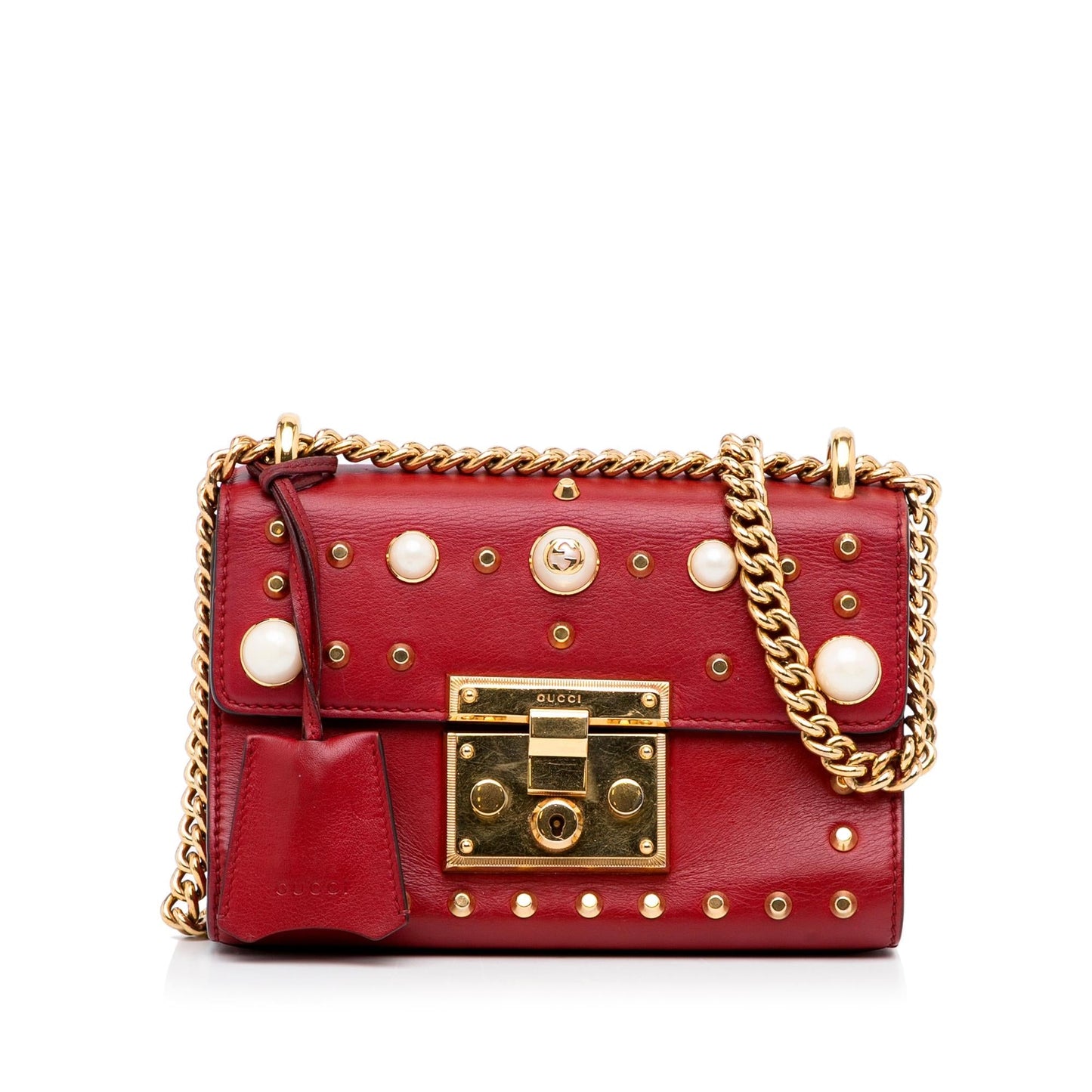 Gucci Pearl Studded Padlock SHG-lpKTdk Leather Calf Red Small Crossbody Bag