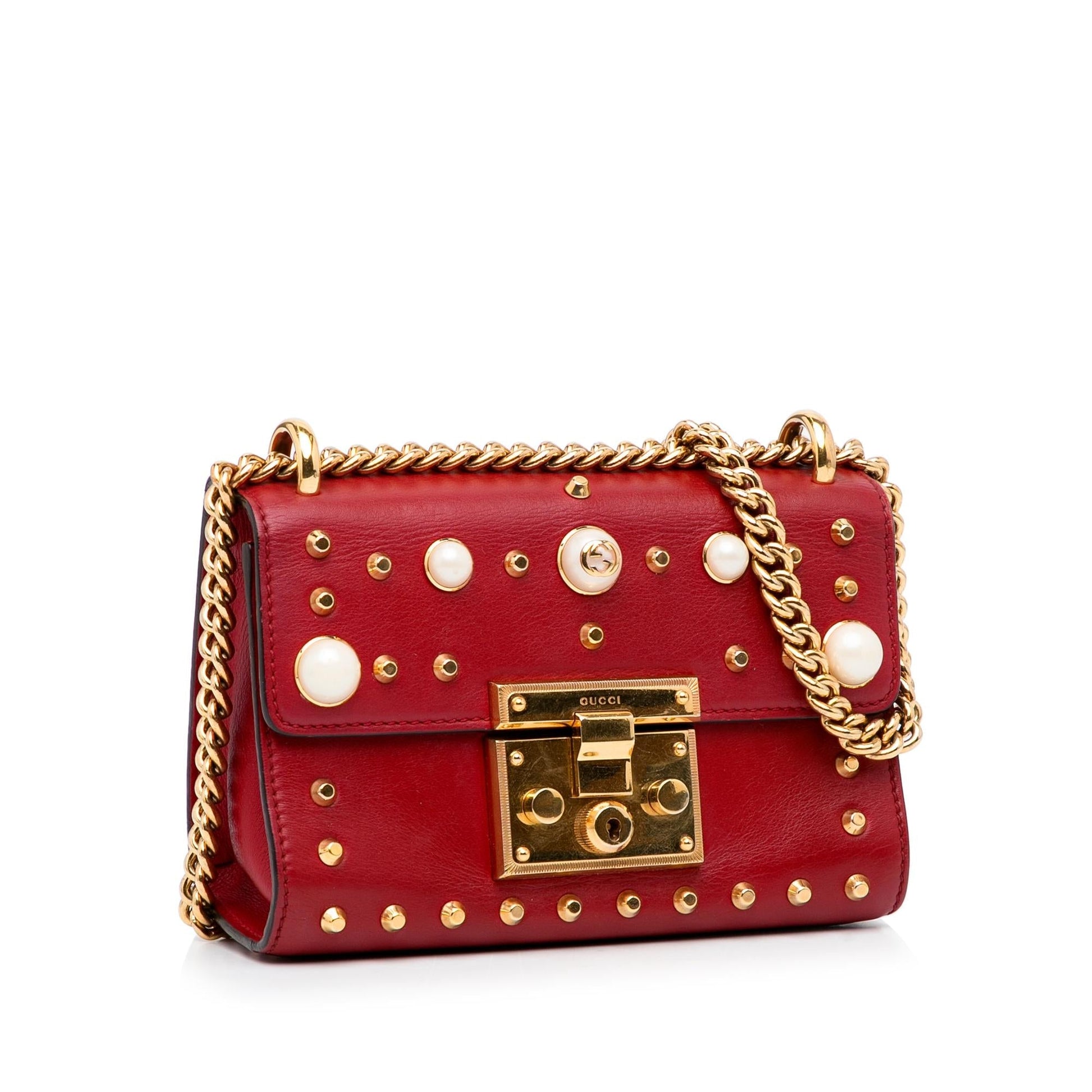 Gucci Pearl Studded Padlock SHG-1zn6yH Leather Calf Red Small Crossbody Bag