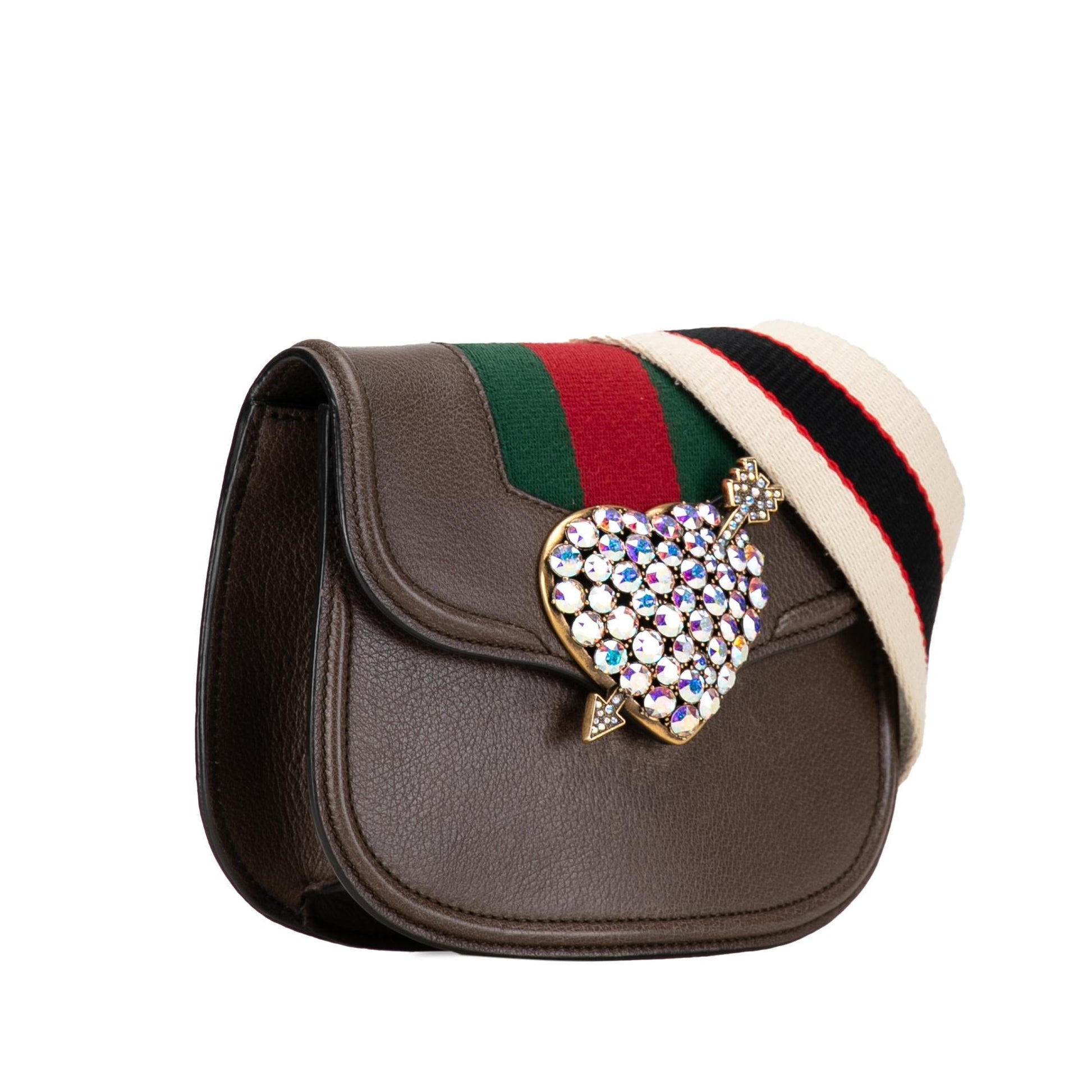 Gucci Linea Totem Crystal Heart SHG-OKF7Q2 Calf Brown Small Crossbody Bag