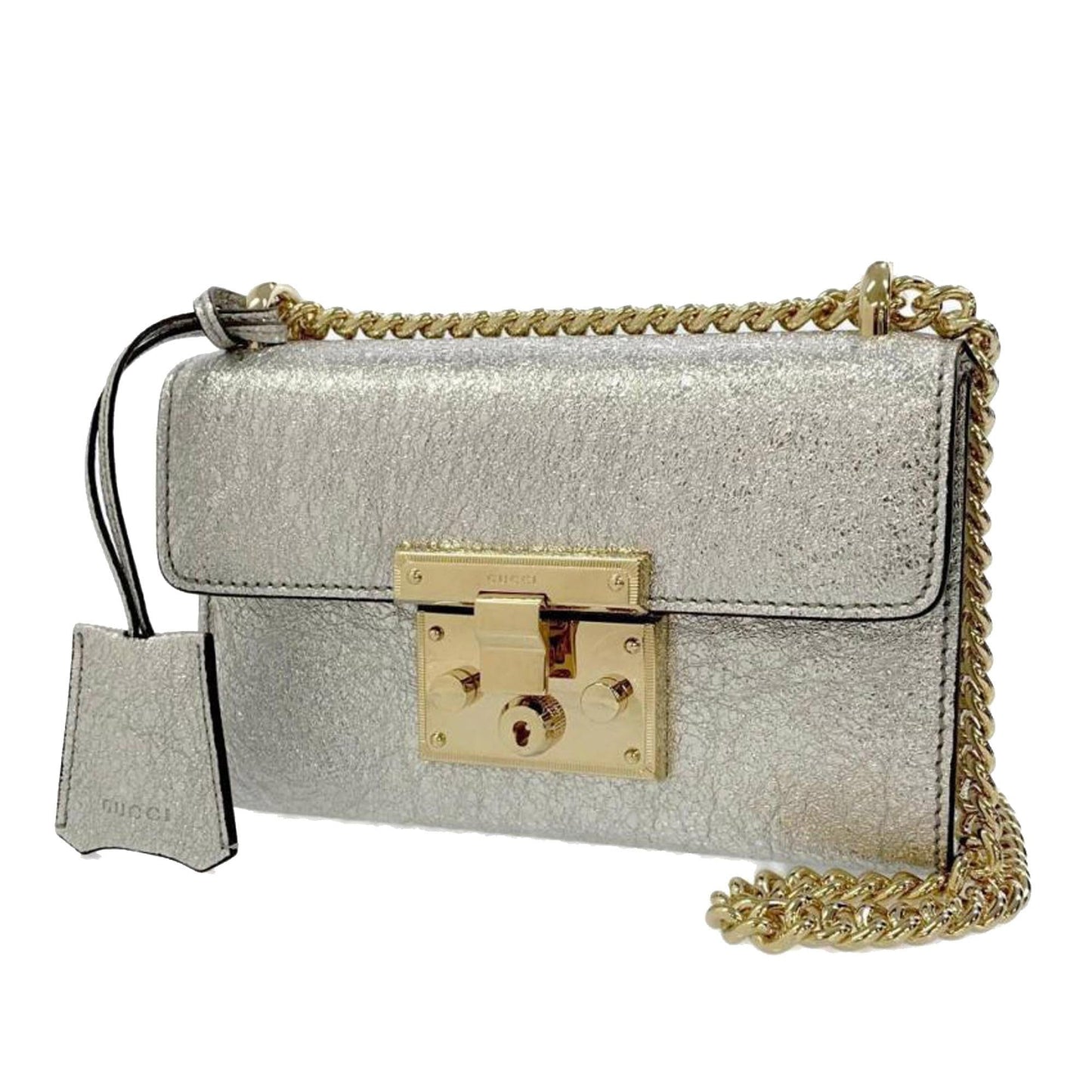 Gucci Metallic Padlock SHG-hrLrUn Calf Silver Small Crossbody Bag