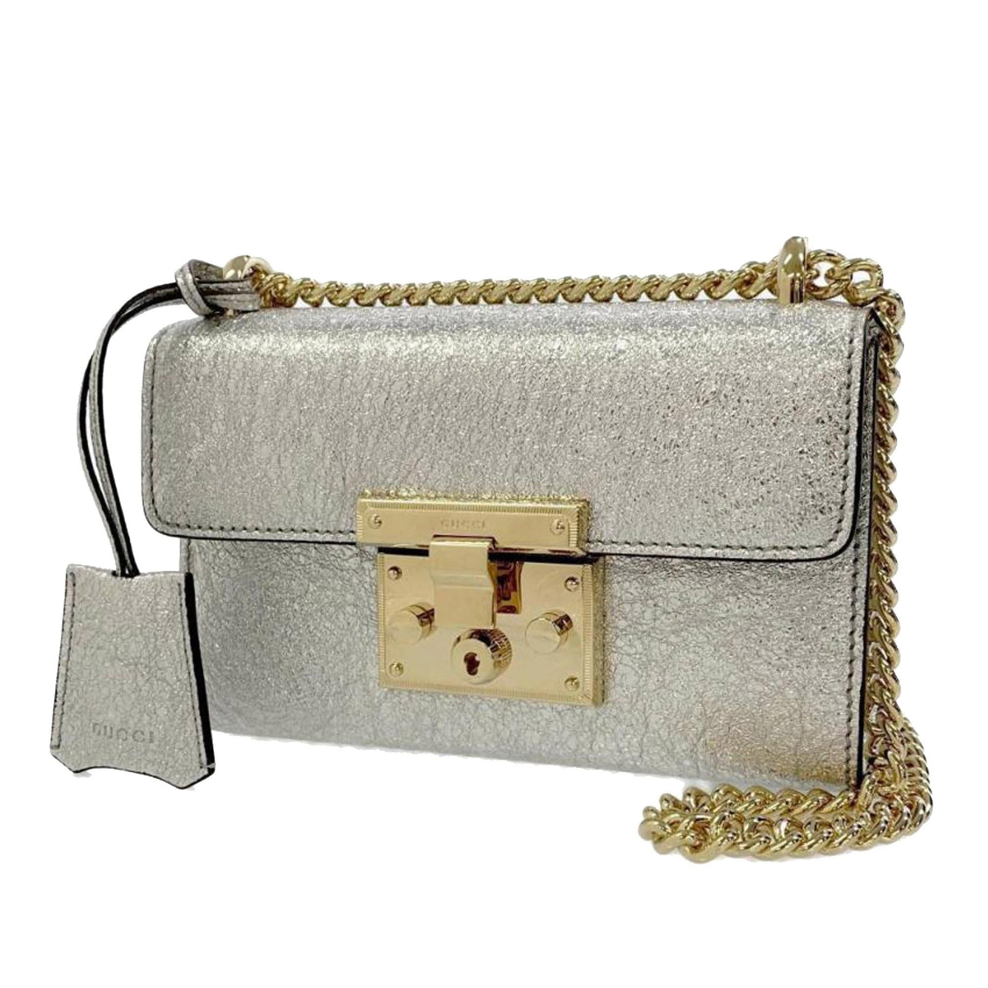 Gucci Metallic Padlock SHG-hrLrUn Calf Silver Small Crossbody Bag