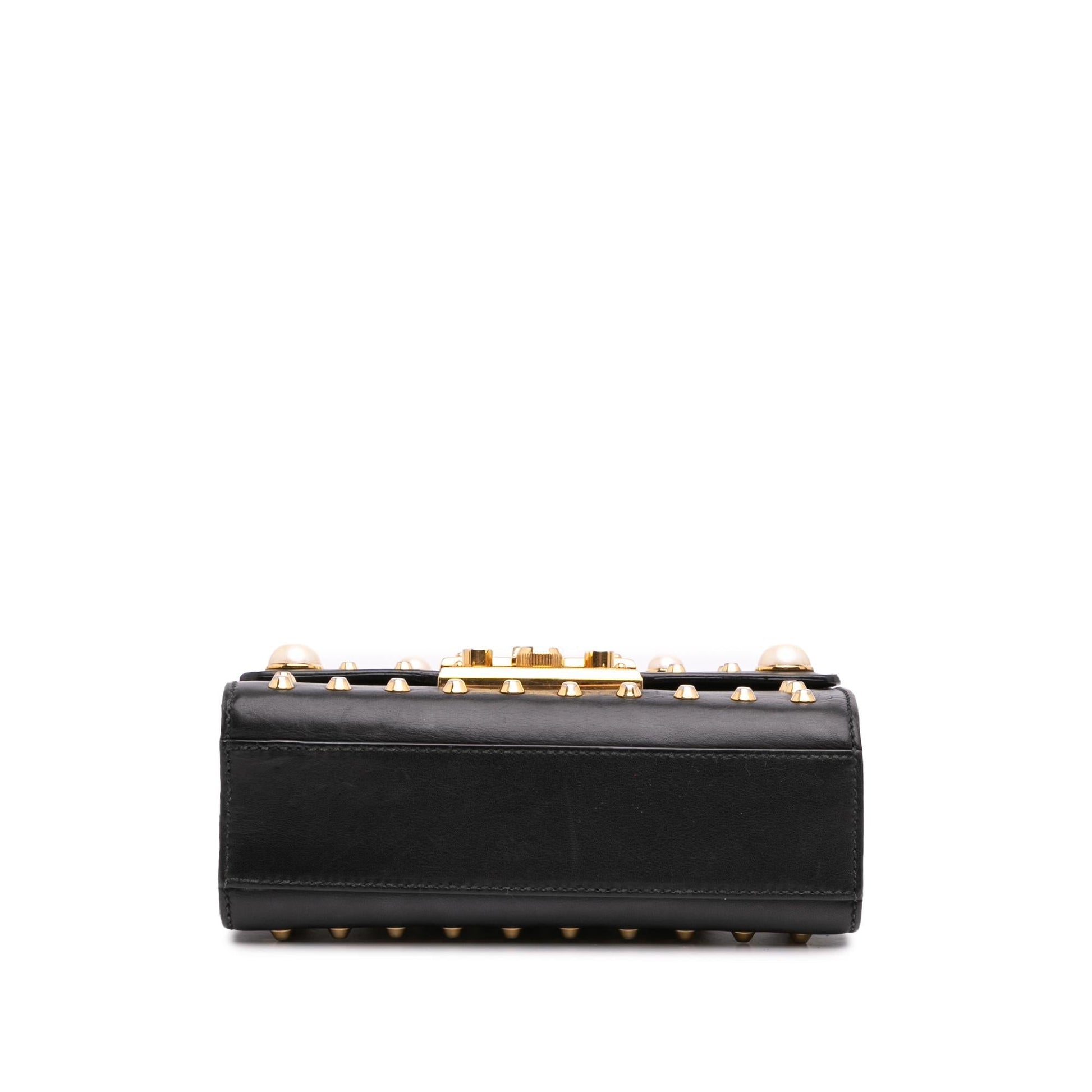 Gucci Pearl Studded Padlock Leather Calf Black Small Crossbody Bag