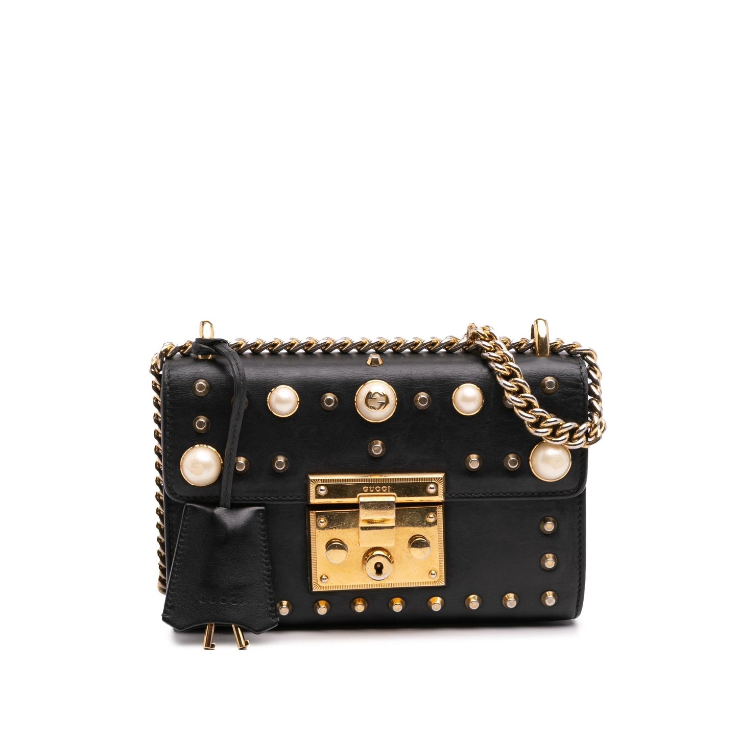 Gucci Pearl Studded Padlock Leather Calf Black Small Crossbody Bag