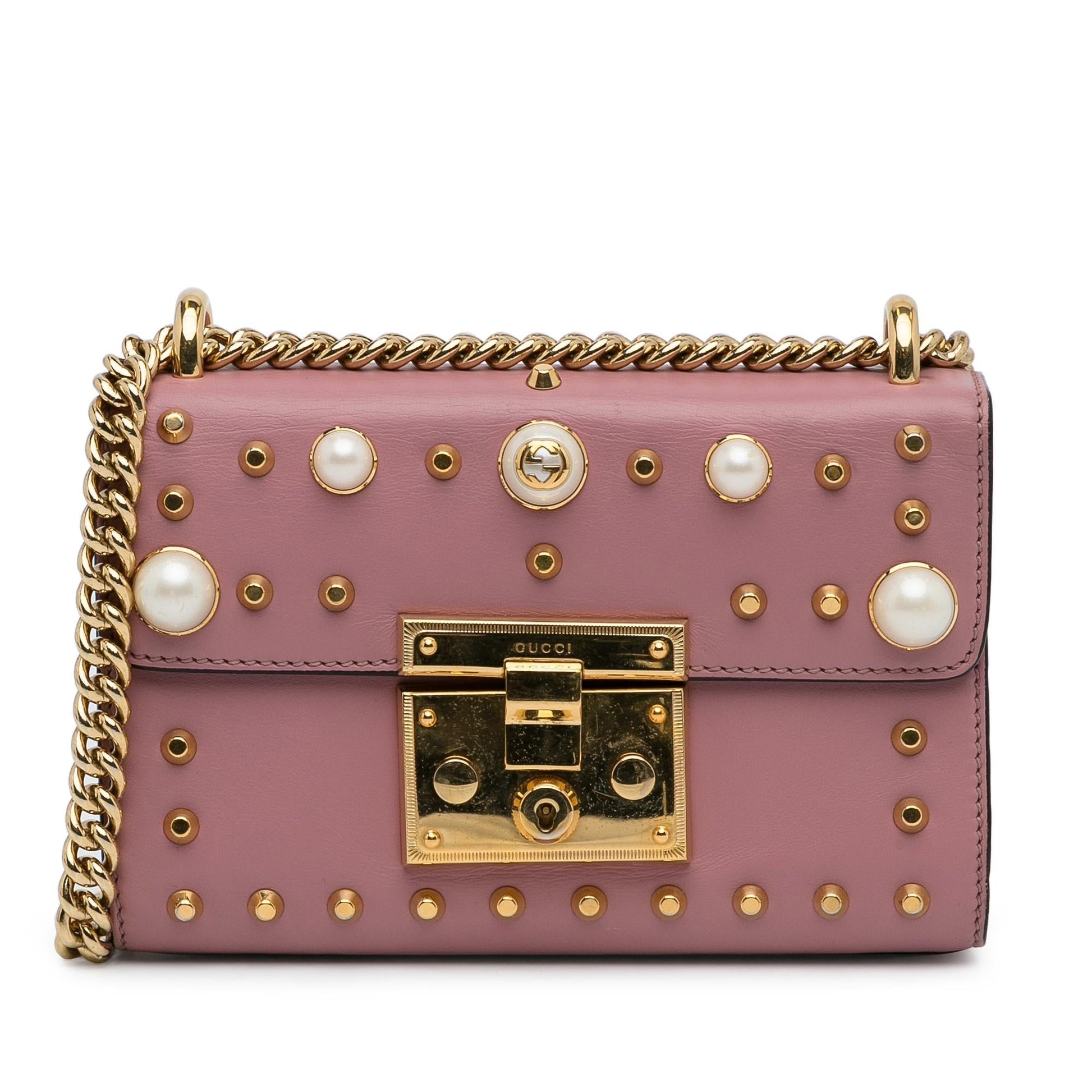 Gucci Pearl Studded Padlock SHG-9EXoma Calf Pink Small Crossbody Bag