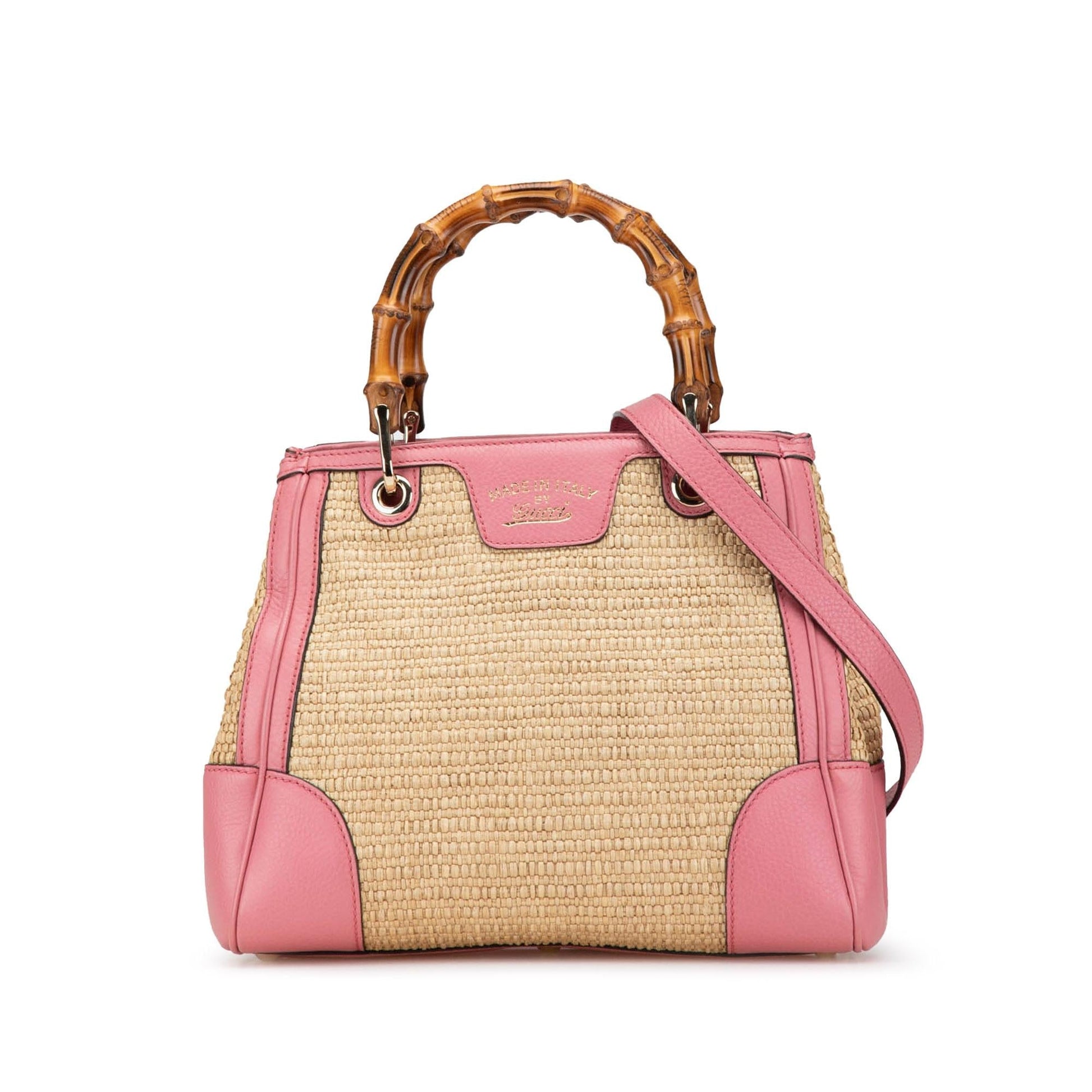 Gucci Bamboo Shopper Raffia Calf Brown Pink Satchel Bag Shopper Satchel