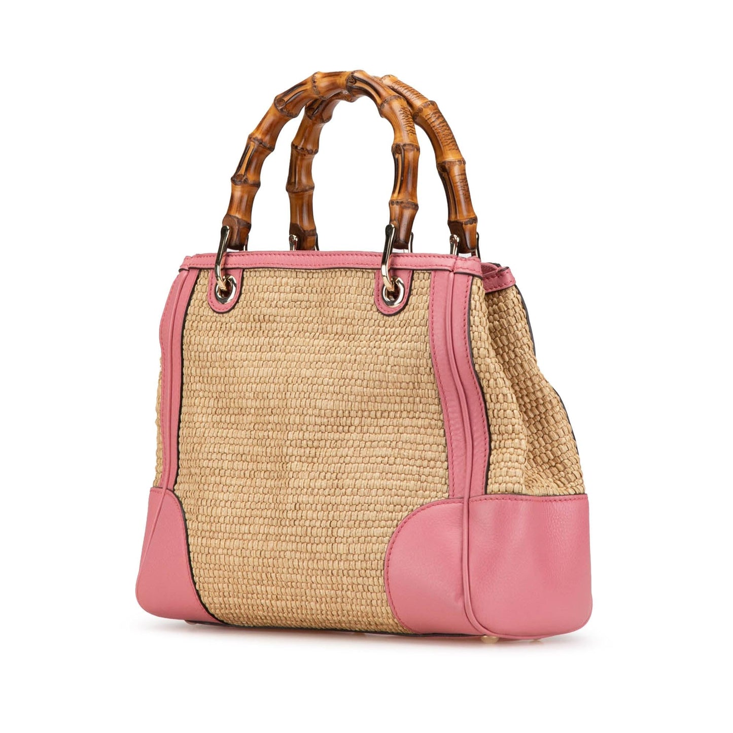 Gucci Bamboo Shopper Raffia Calf Brown Pink Satchel Bag Satchel 2