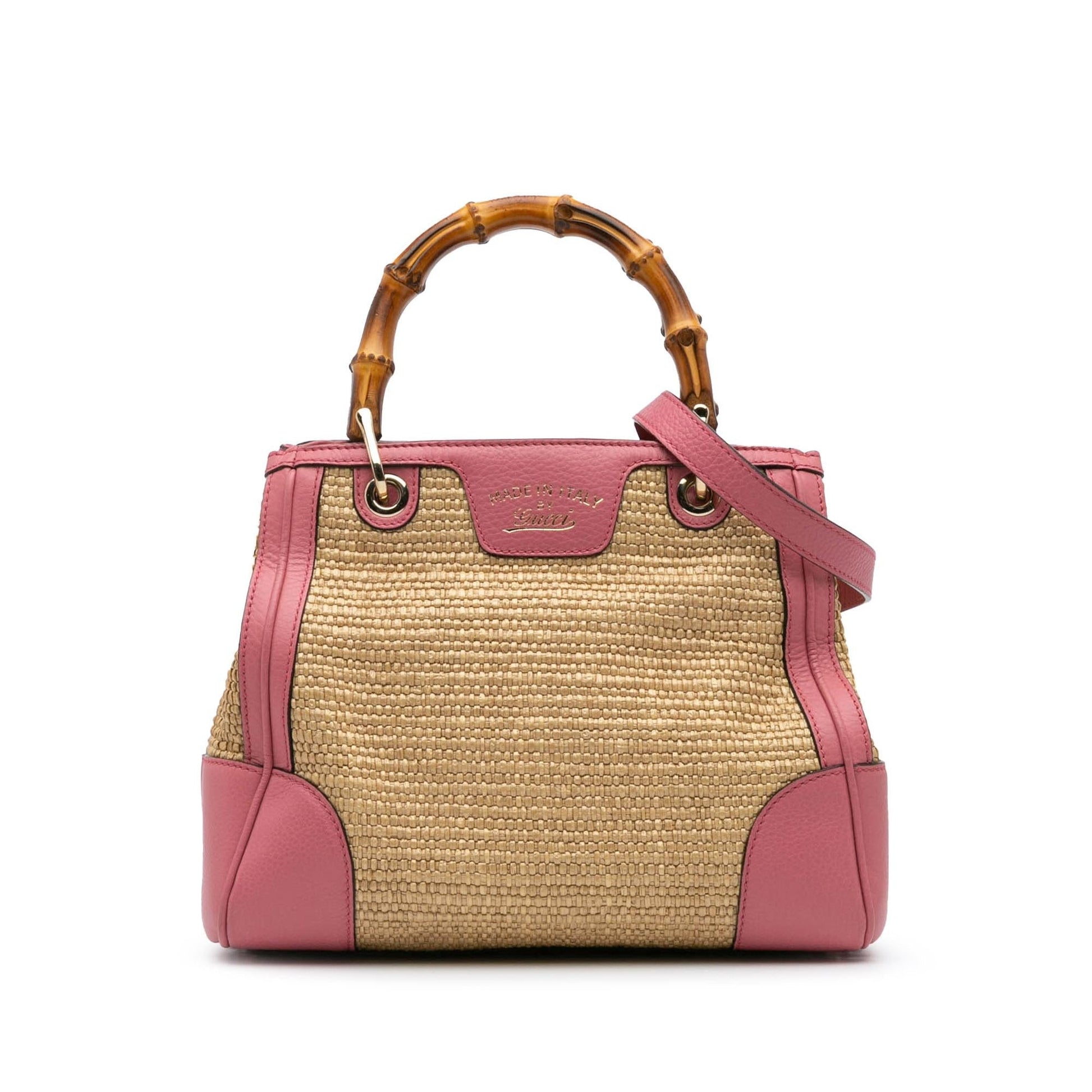 Gucci Bamboo Shopper Raffia Calf Brown Pink Satchel Bag Satchel 3