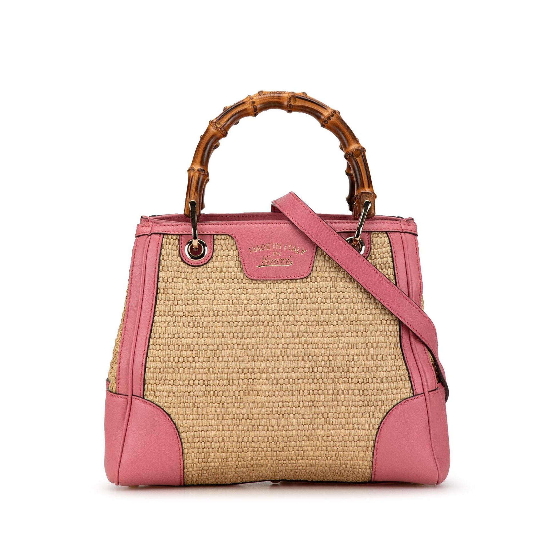 Gucci Bamboo Shopper SHG-705pfP Raffia Calf Brown Pink Tote Bag