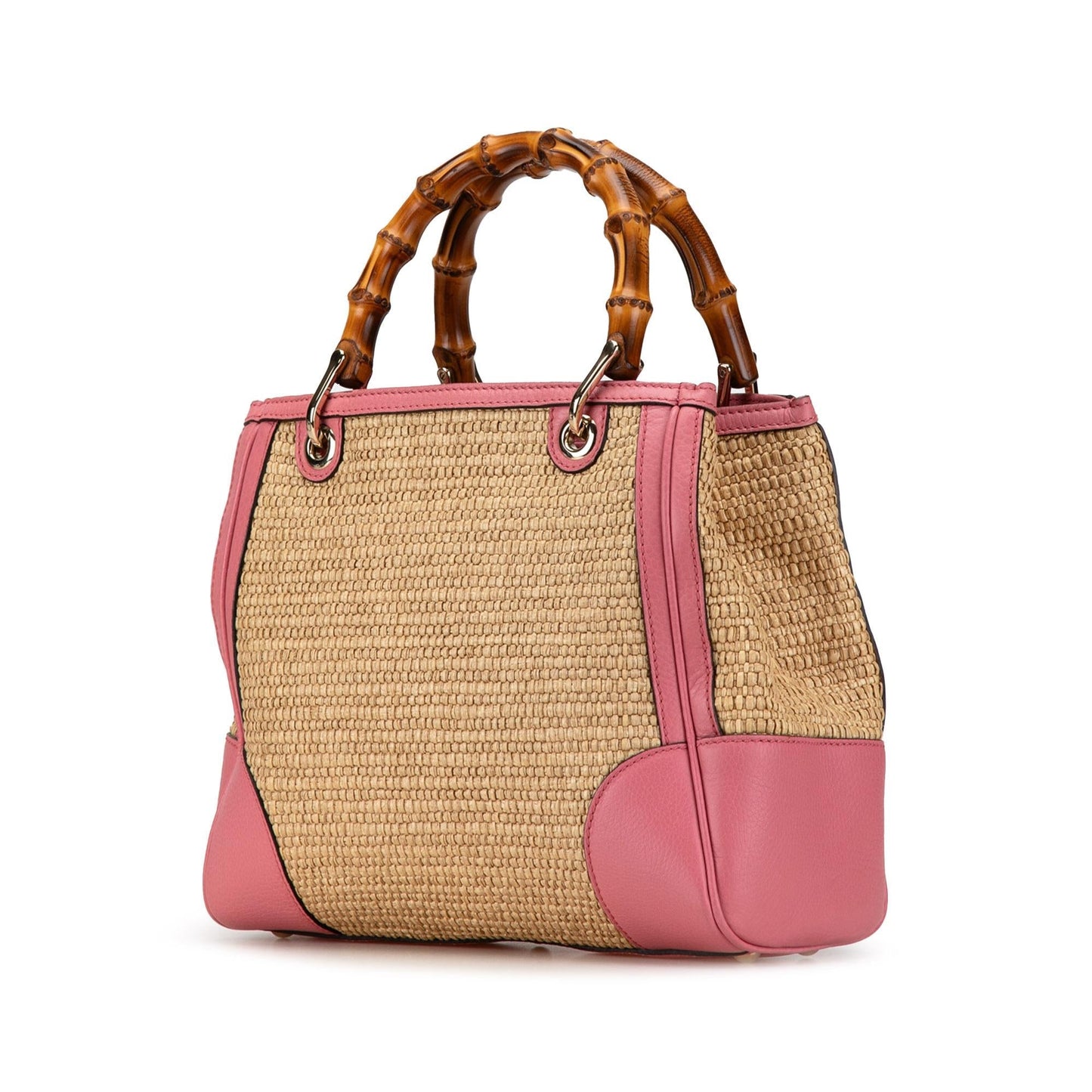Gucci Bamboo Shopper SHG-705pfP Raffia Calf Brown Pink Tote Bag