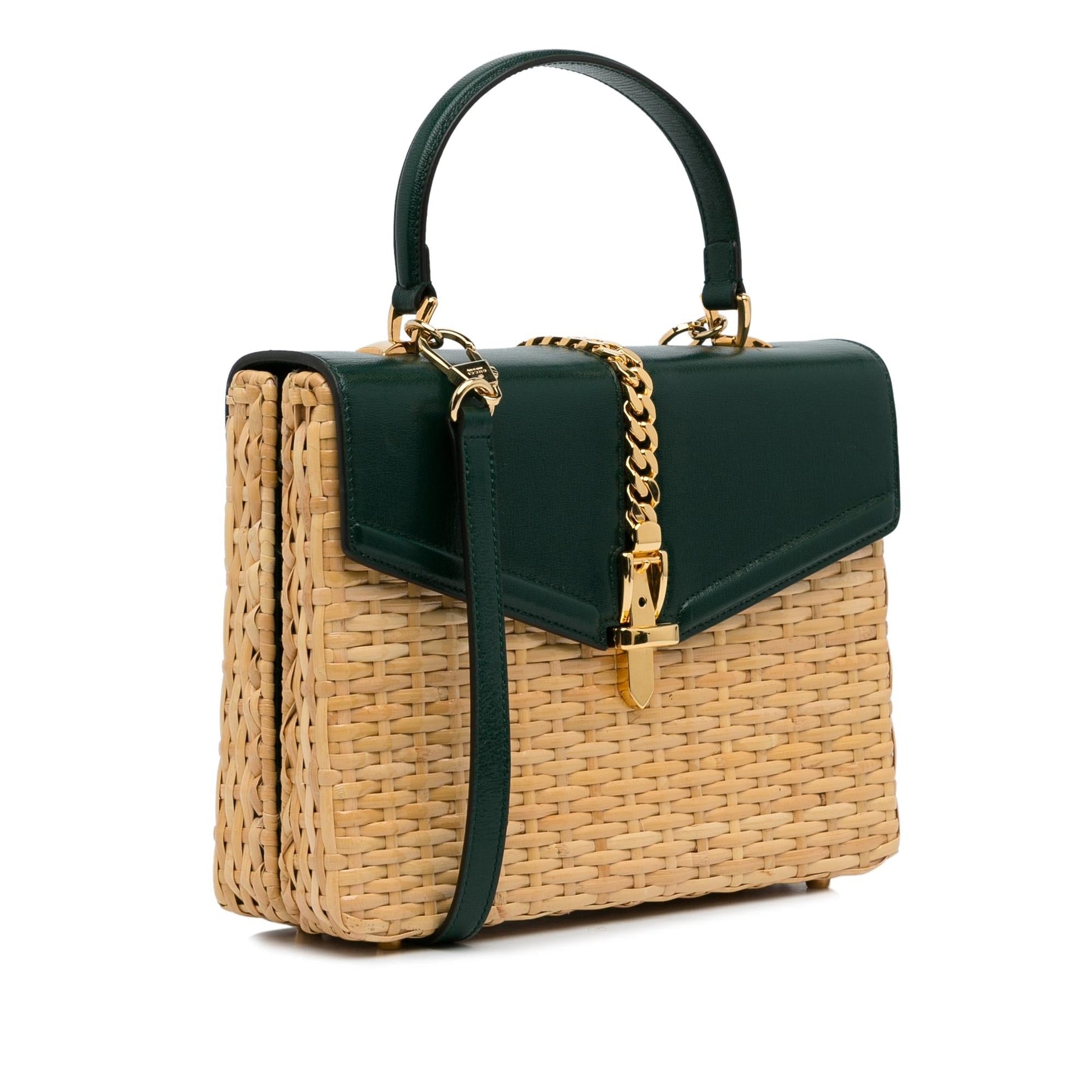 Gucci Sylvie Wicker SHG-Wpjdzr Calf Brown Green Small Satchel Bag