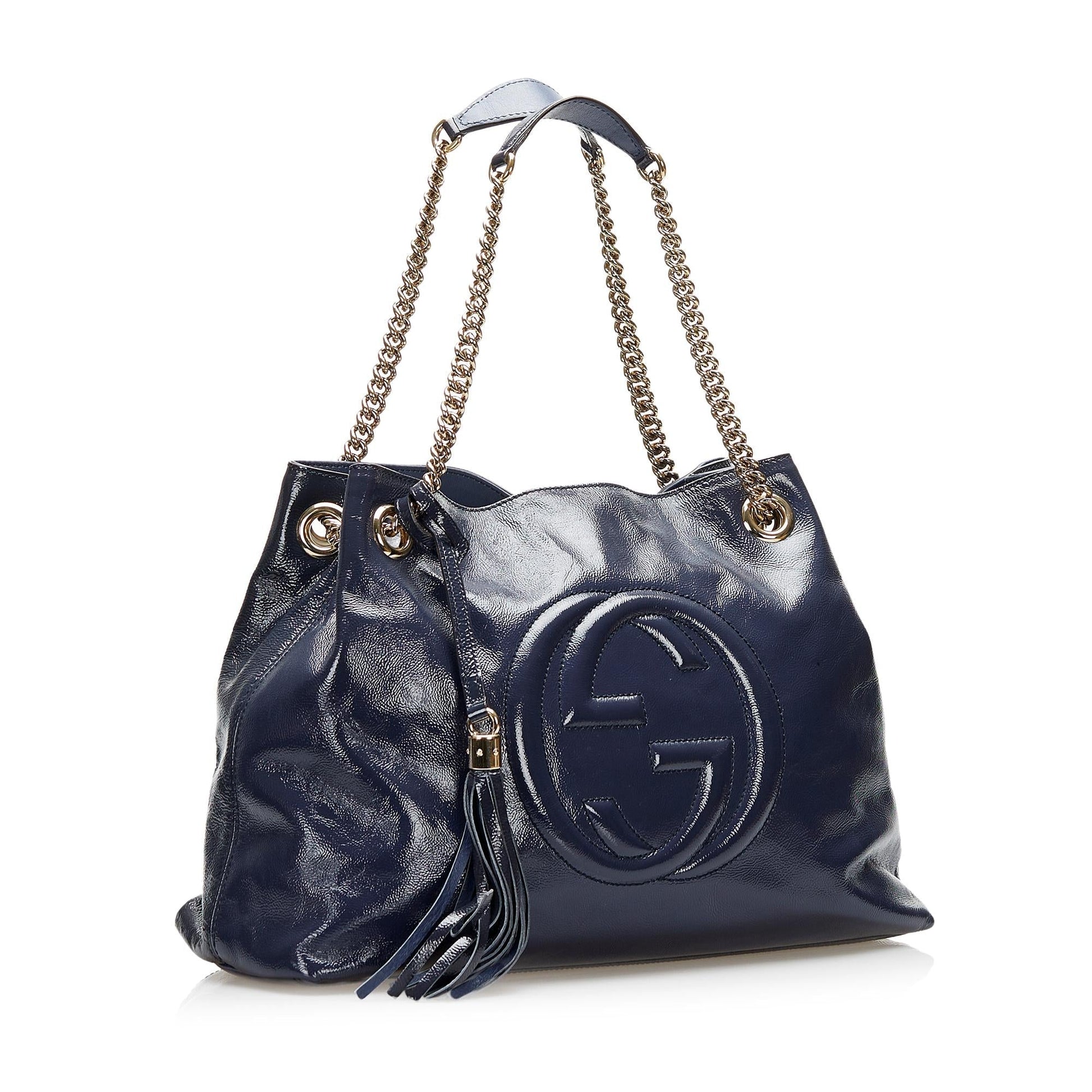 Gucci Soho SHG Leather Patent Blue Chain Tote Bag
