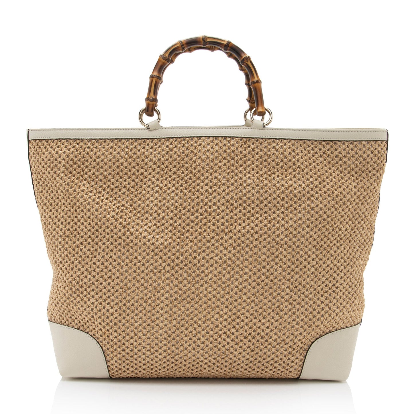 Gucci Straw Bamboo SHF-8UehuG Leather White Beige Top Handle Satchel Bag