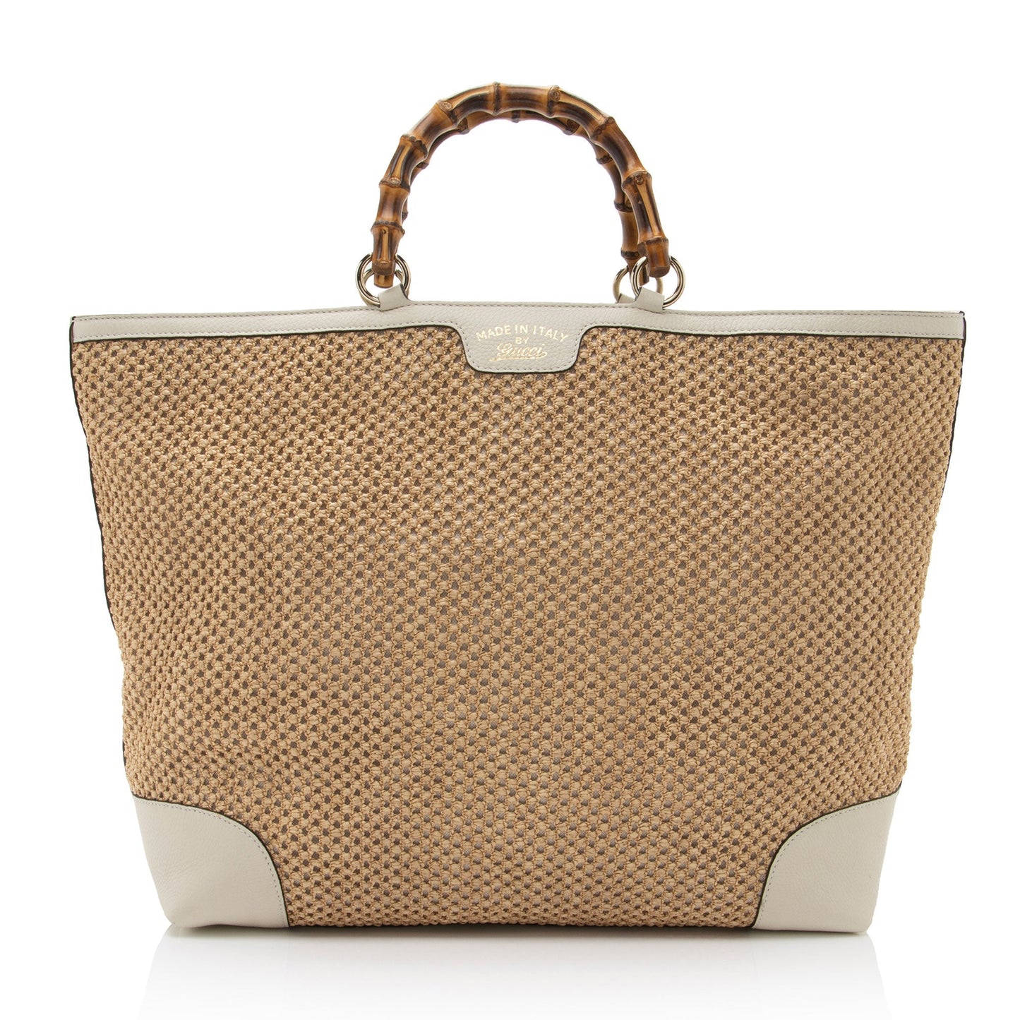 Gucci Straw Bamboo SHF-8UehuG Leather White Beige Top Handle Satchel Bag