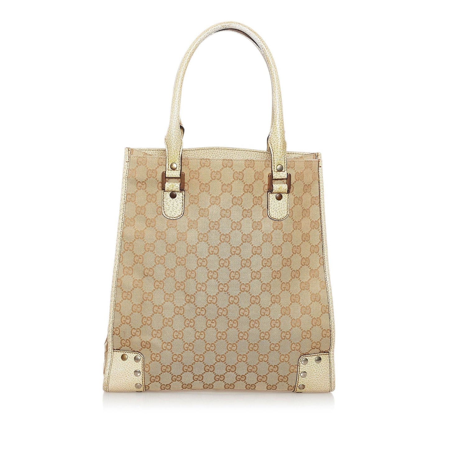 Gucci Studded GG SHG Canvas White Brown Tote Bag