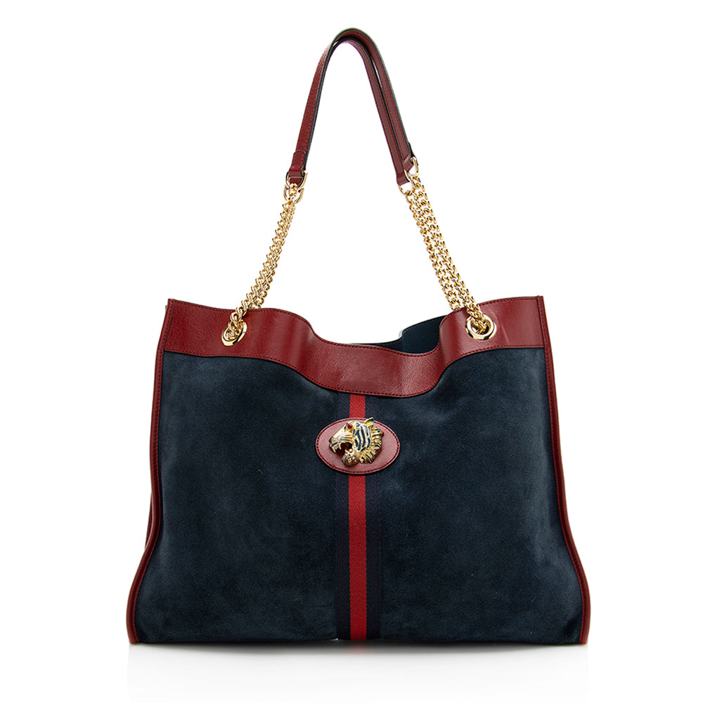 Gucci Rajah SHF Suede Nylon Blue Red Tote Bag