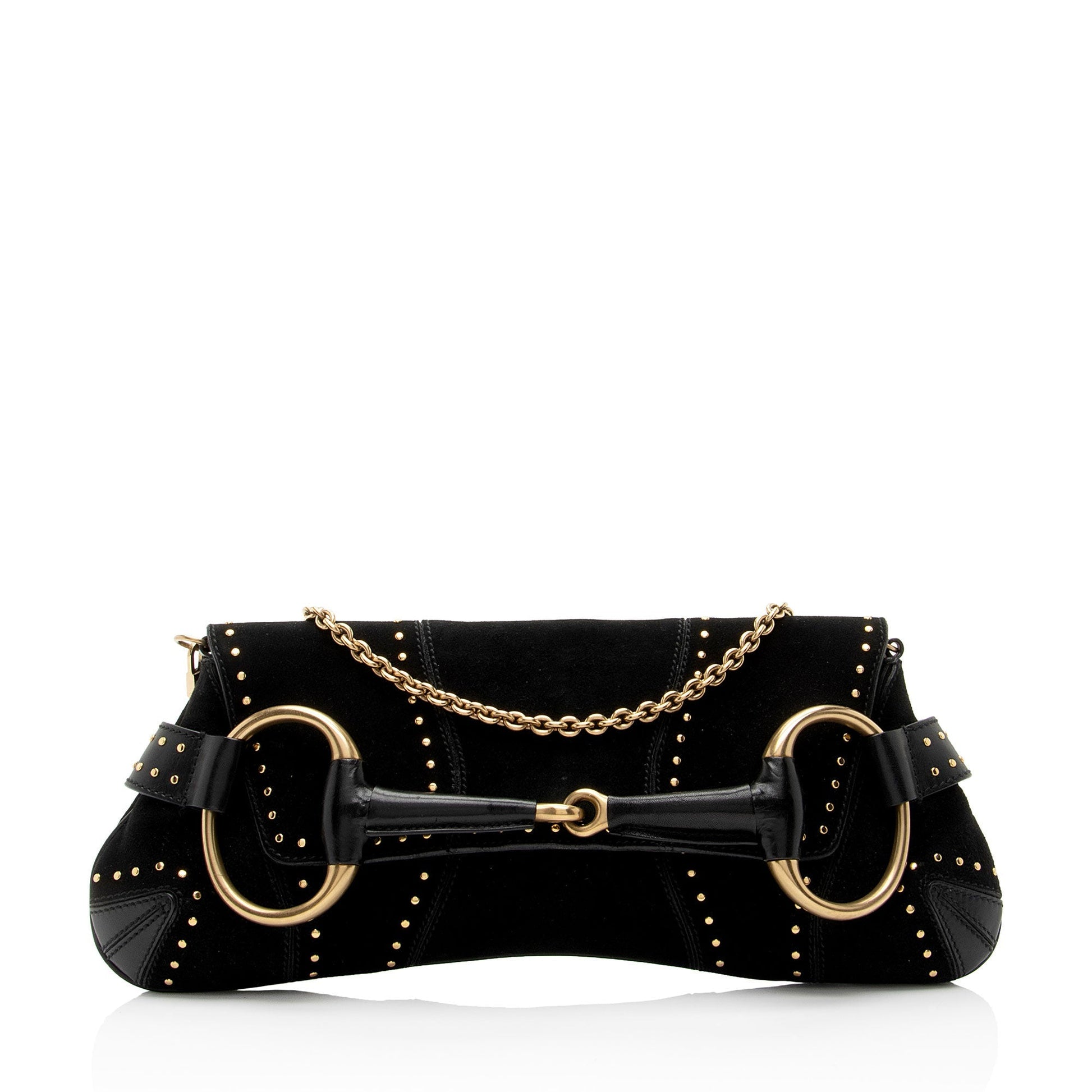 Gucci Studded Horsebit SHF-myTX76 Leather Suede Black Clutch Bag