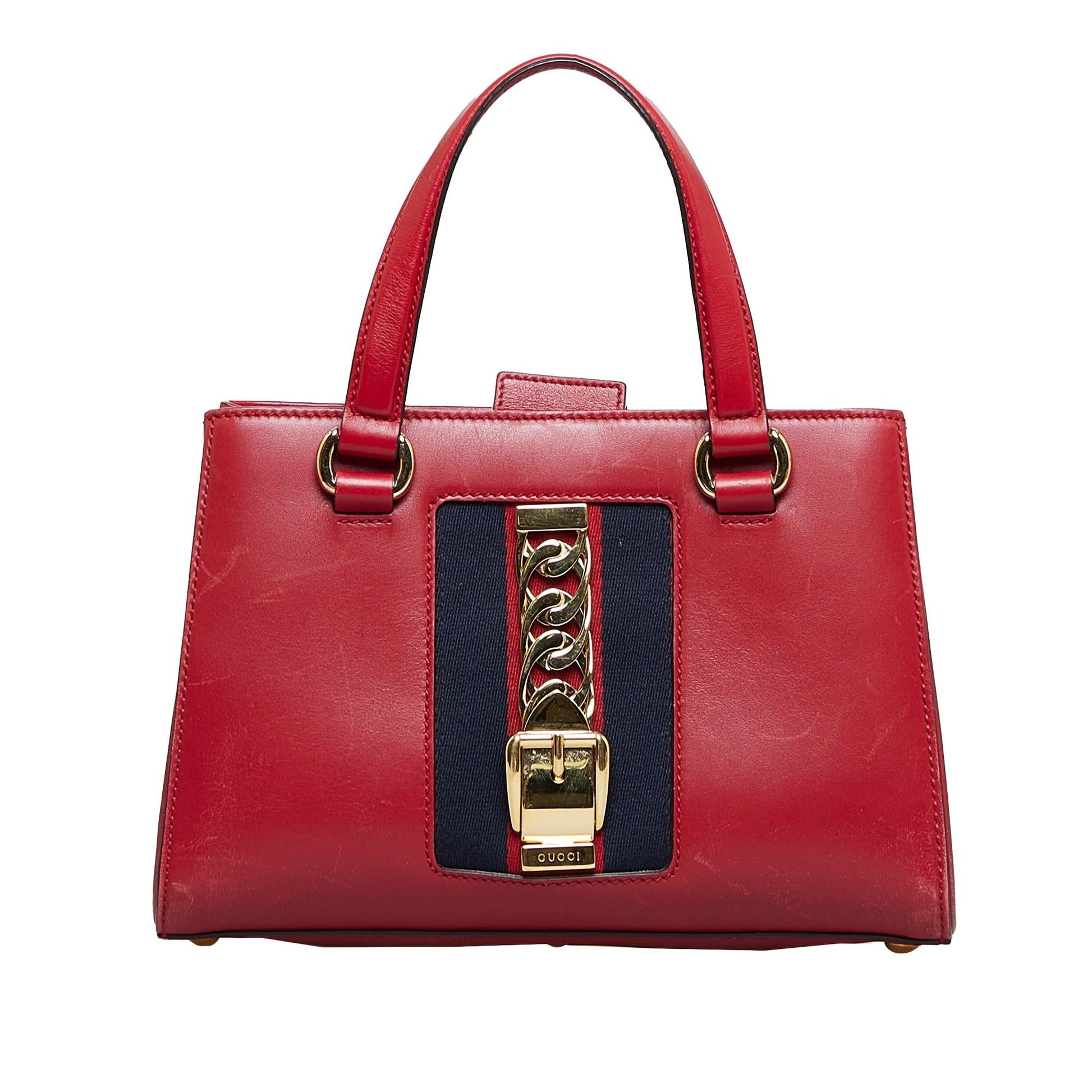 Gucci Sylvie Web Calf Red Top Handle Satchel Bag