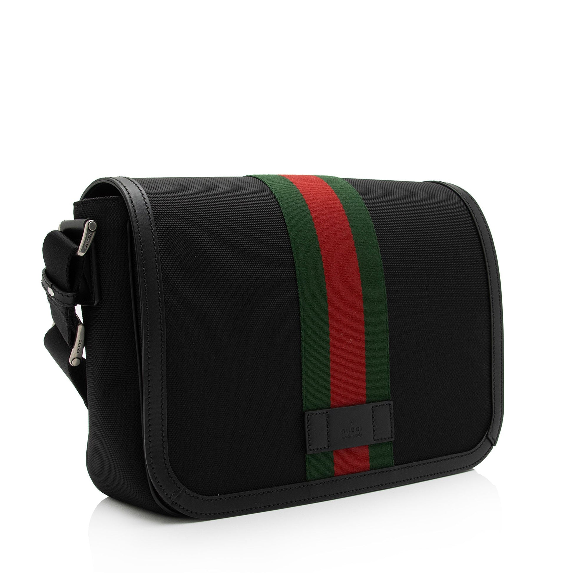 Gucci Techno Web Flap Messenger SHF-aNV2dn Leather Canvas Nylon Black Shoulder Bag