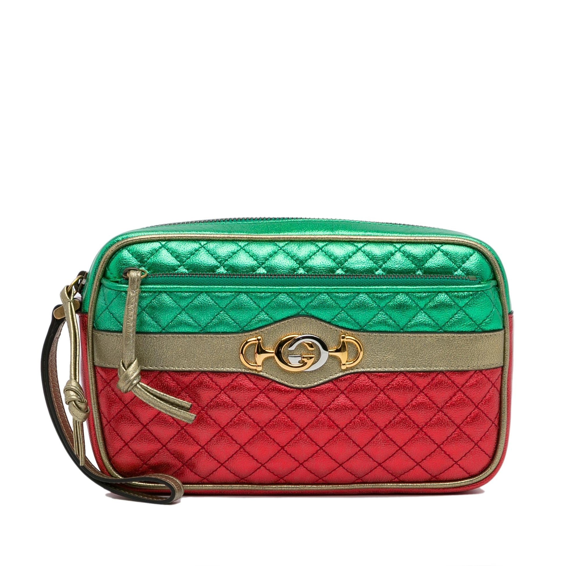 Gucci Trapuntata Wristlet SHG-g19eZv Calf Red Green Clutch Bag