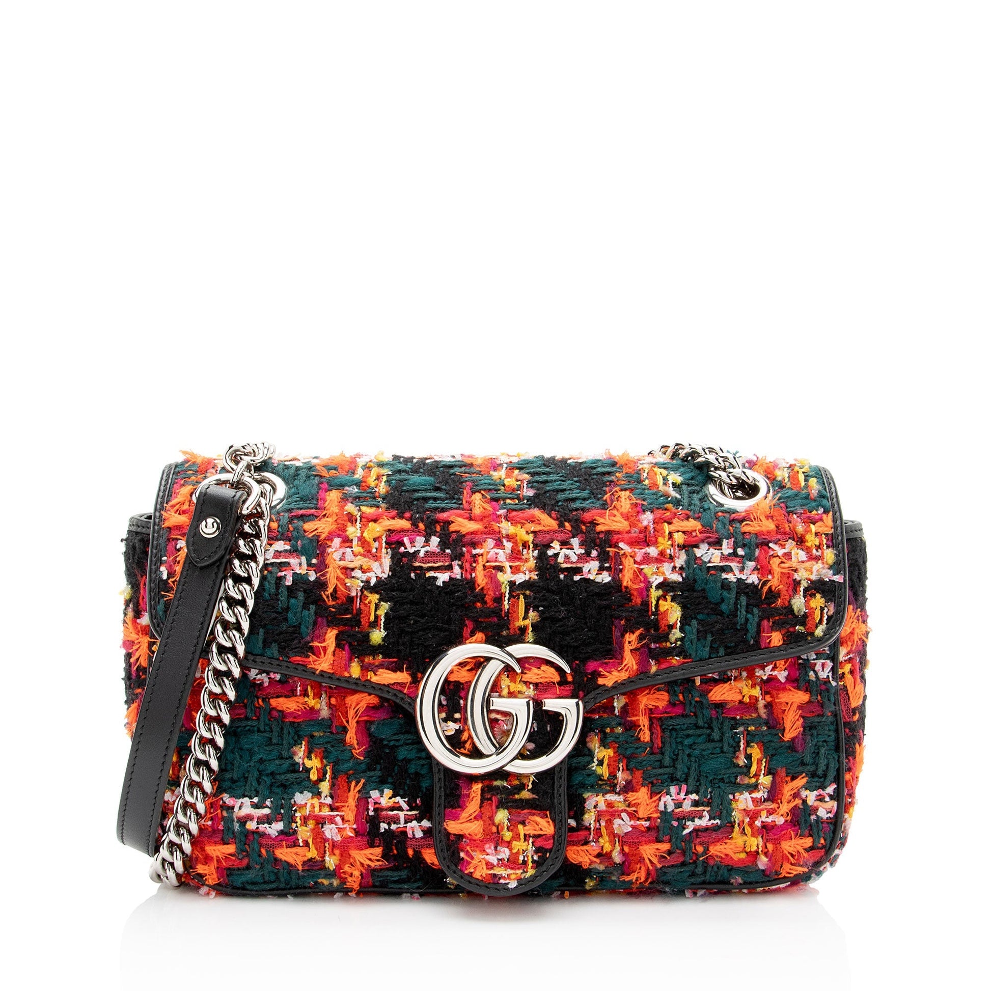 Gucci Tweed GG Marmont Flap Leather Black Red Small Crossbody Bag