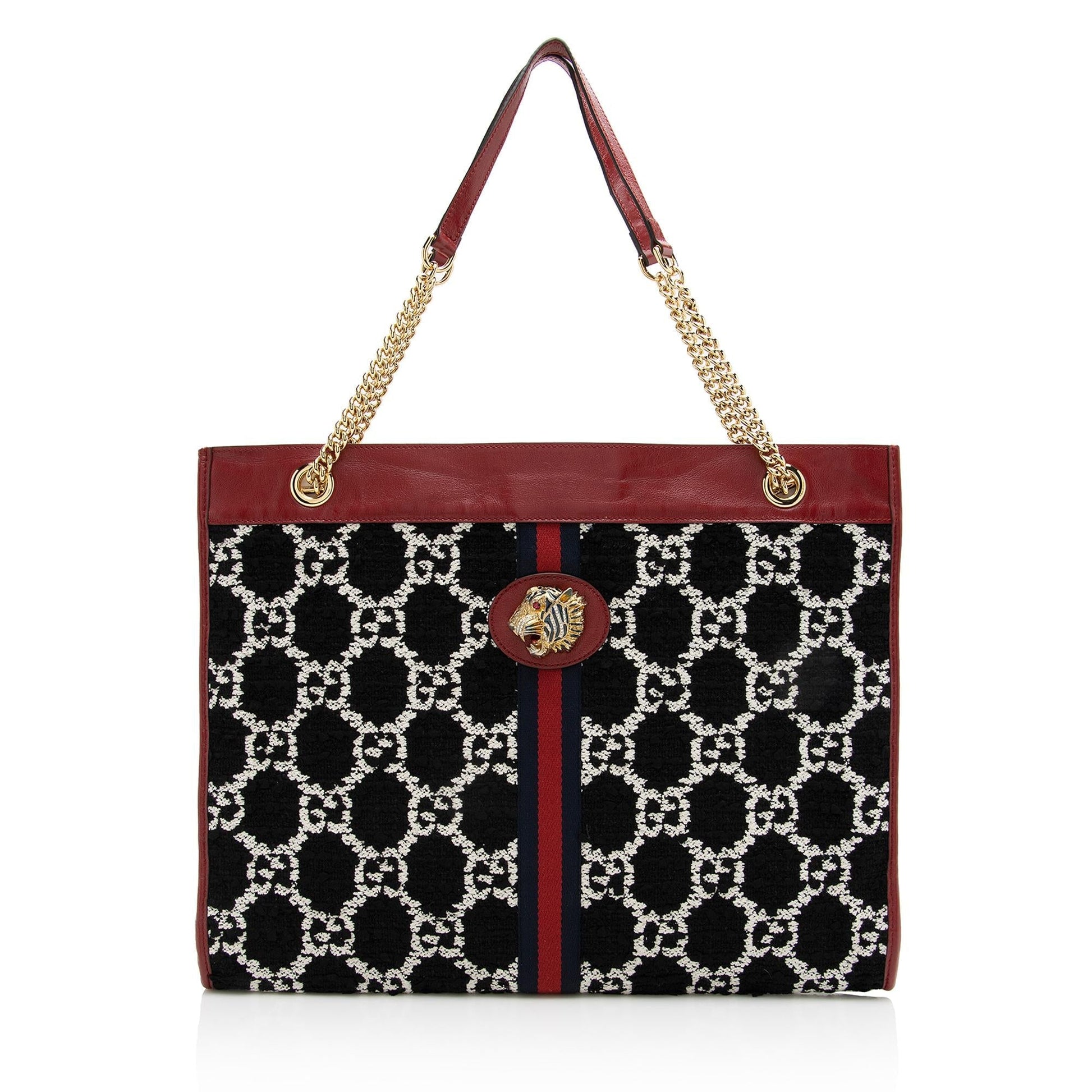 Gucci Tweed Rajah SHF Leather Nylon Black White Tote Bag