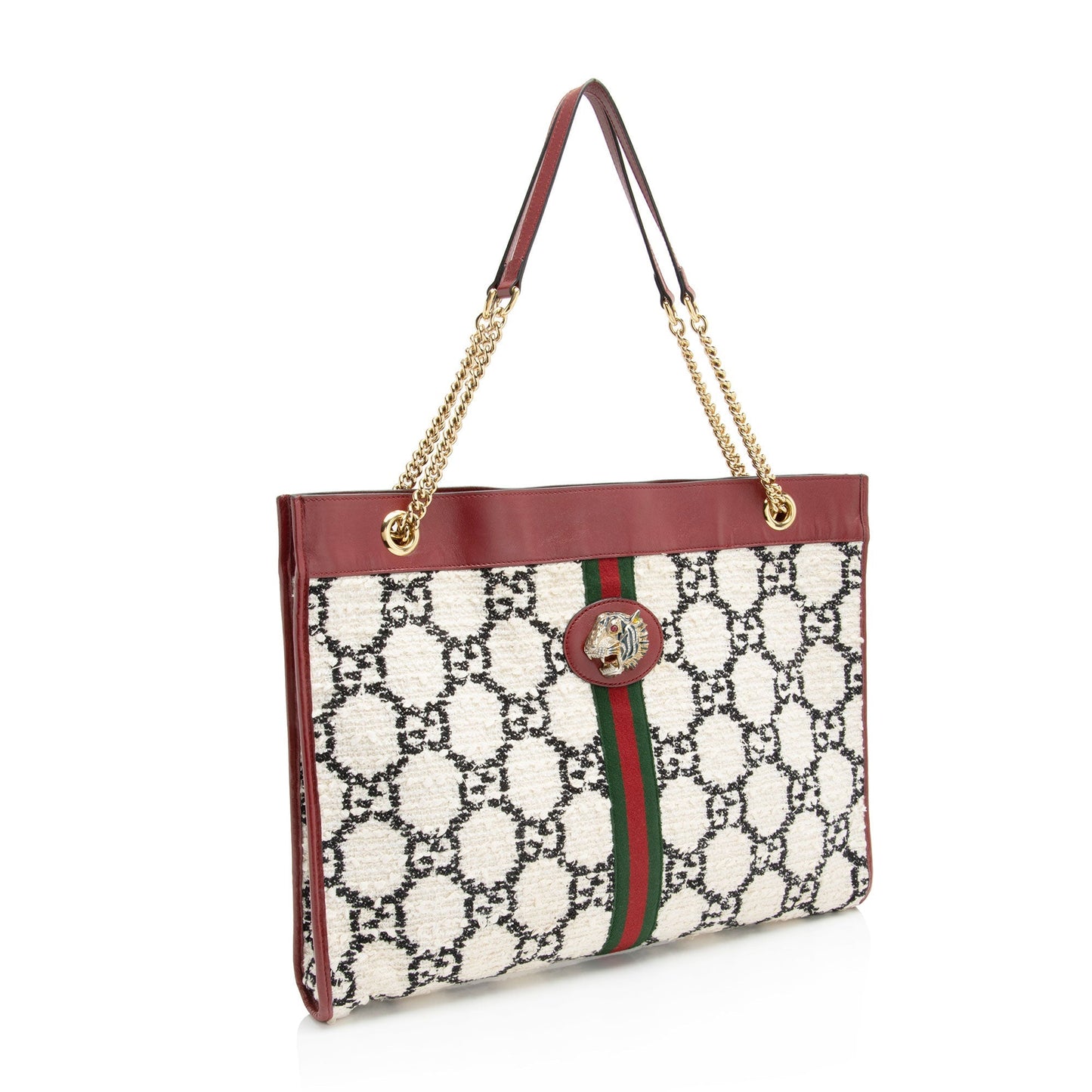 Gucci Tweed Rajah Leather Nylon White Red Tote Bag