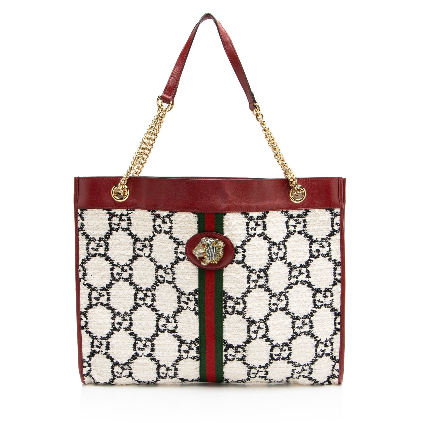 Gucci GG Tweed Rajah Leather Nylon White Red Tote Bag