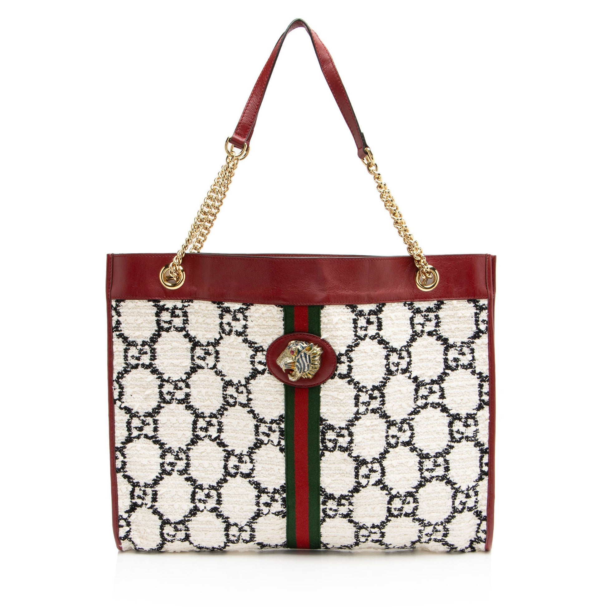 Gucci GG Tweed Rajah Leather Nylon White Red Tote Bag