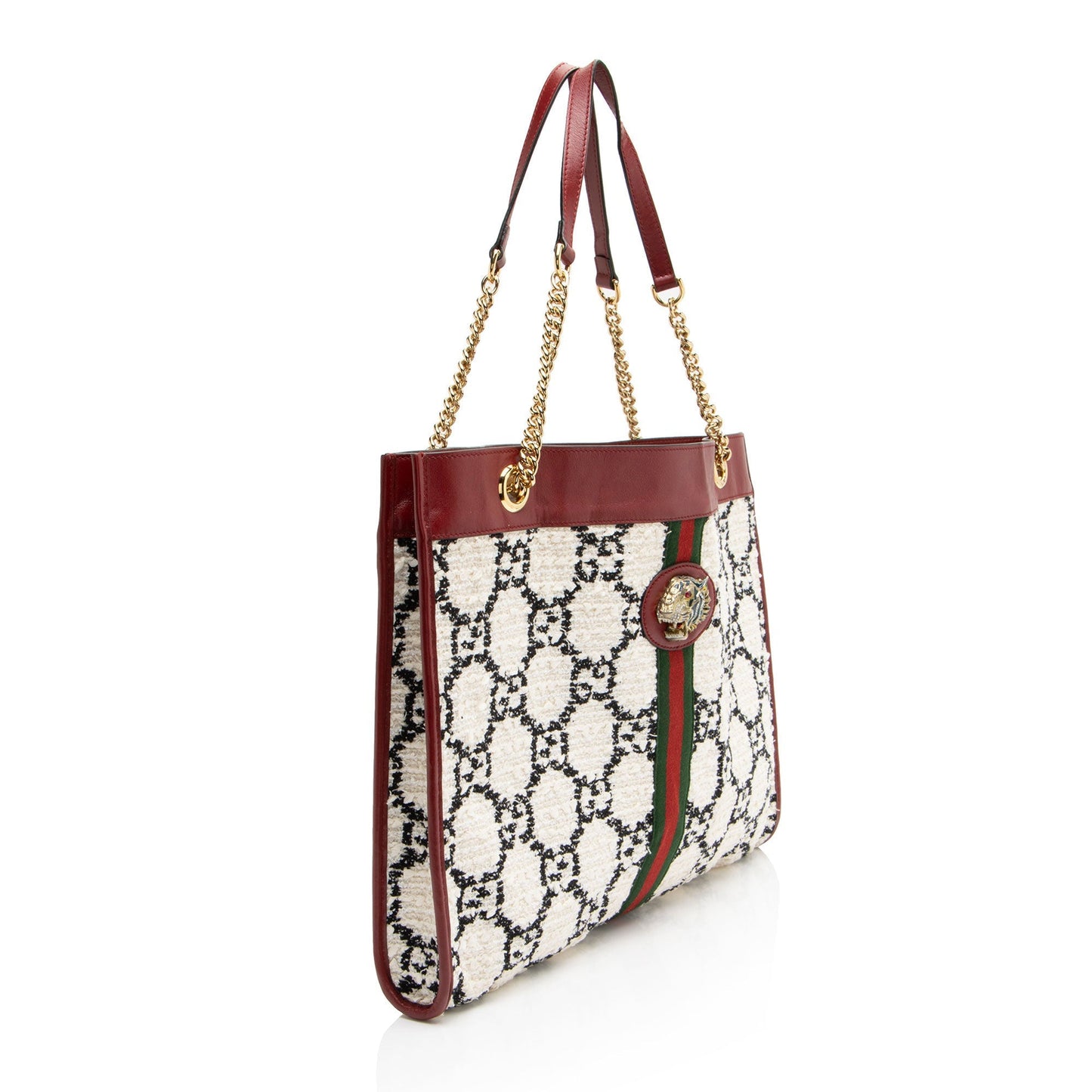 Gucci GG Tweed Rajah Leather Nylon White Red Tote Bag