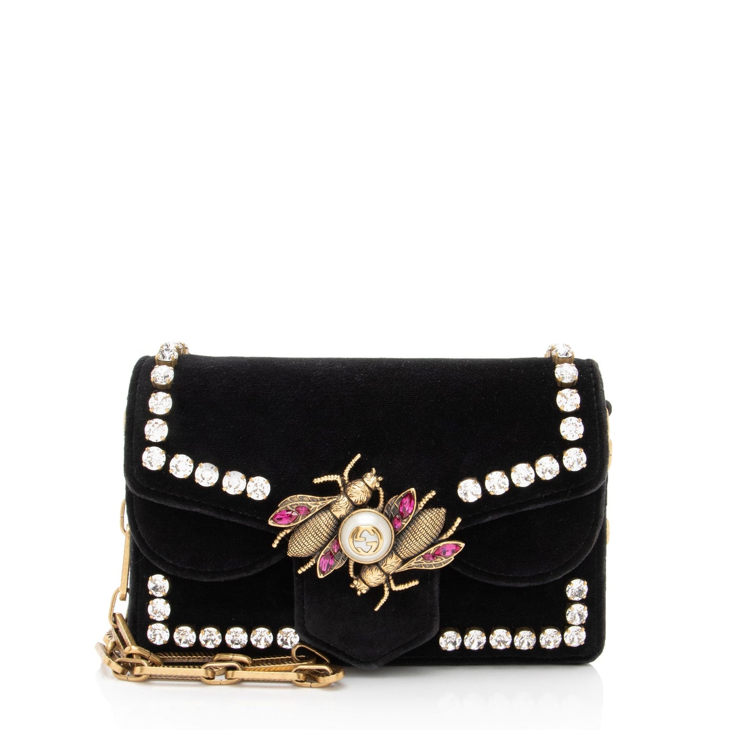 Gucci Velvet Crystal Bee Broadway Black Mini Crossbody Bag