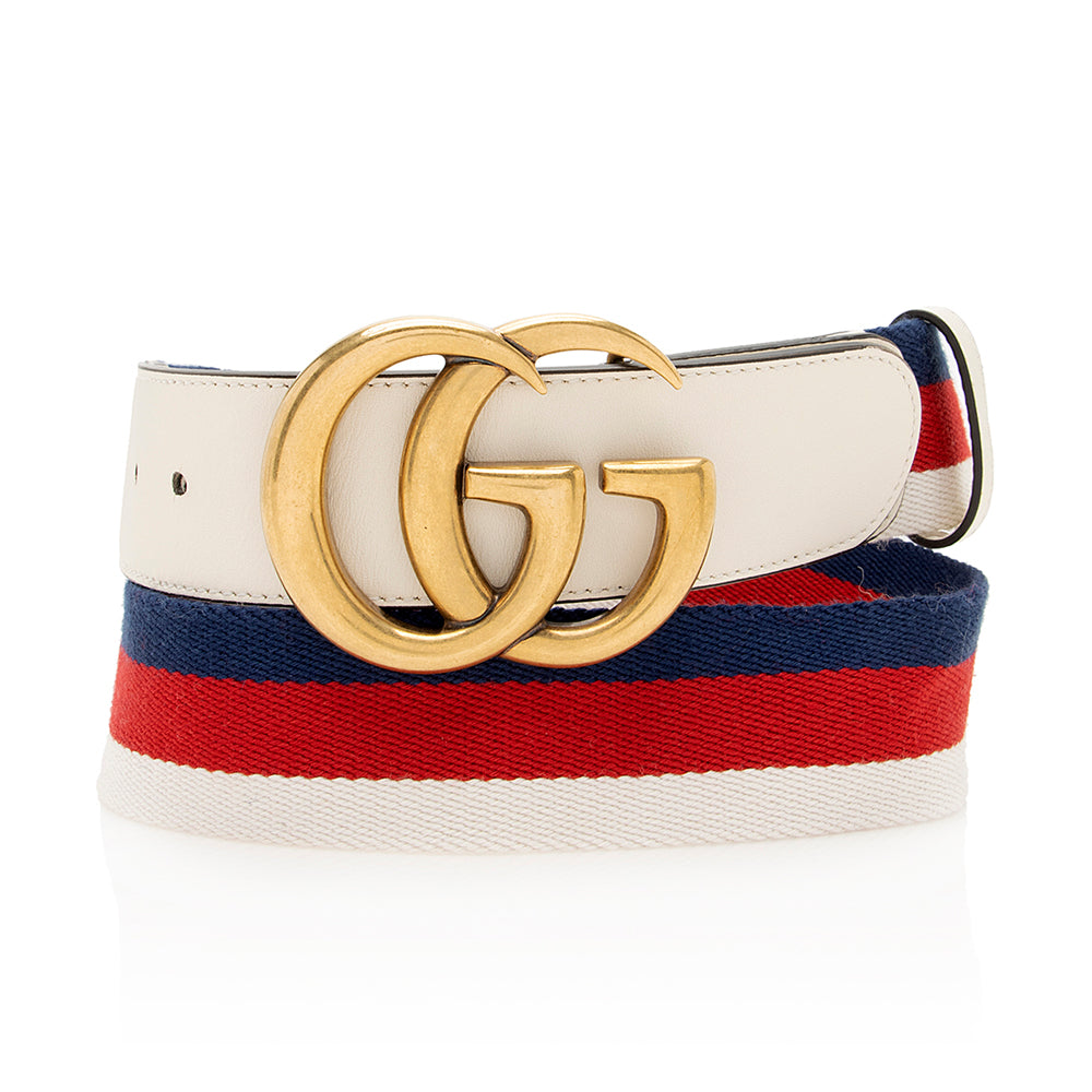 Gucci Web Double G Belt - Nylon Calfskin White Blue Accessory