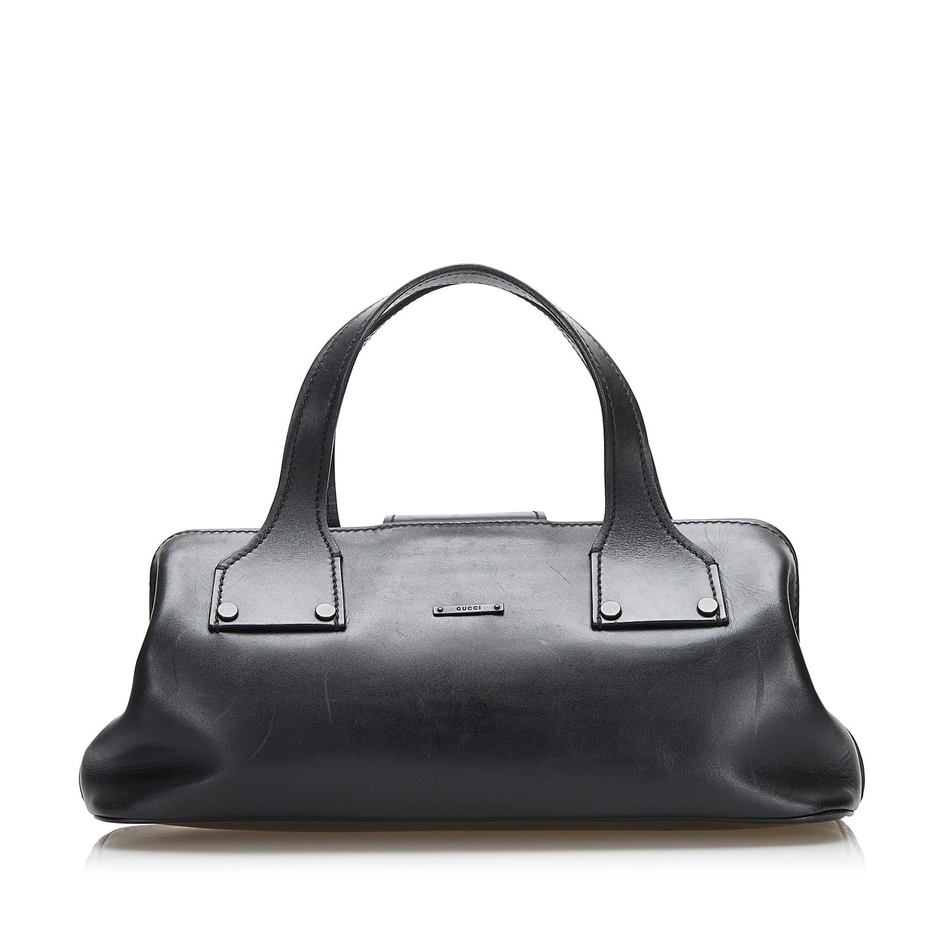 Gucci Wood Hook Closure SHG Leather Calf Black Satchel Bag