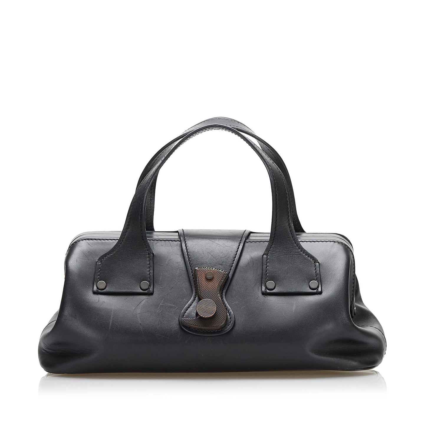Gucci Wood Hook Closure SHG Leather Calf Black Satchel Bag