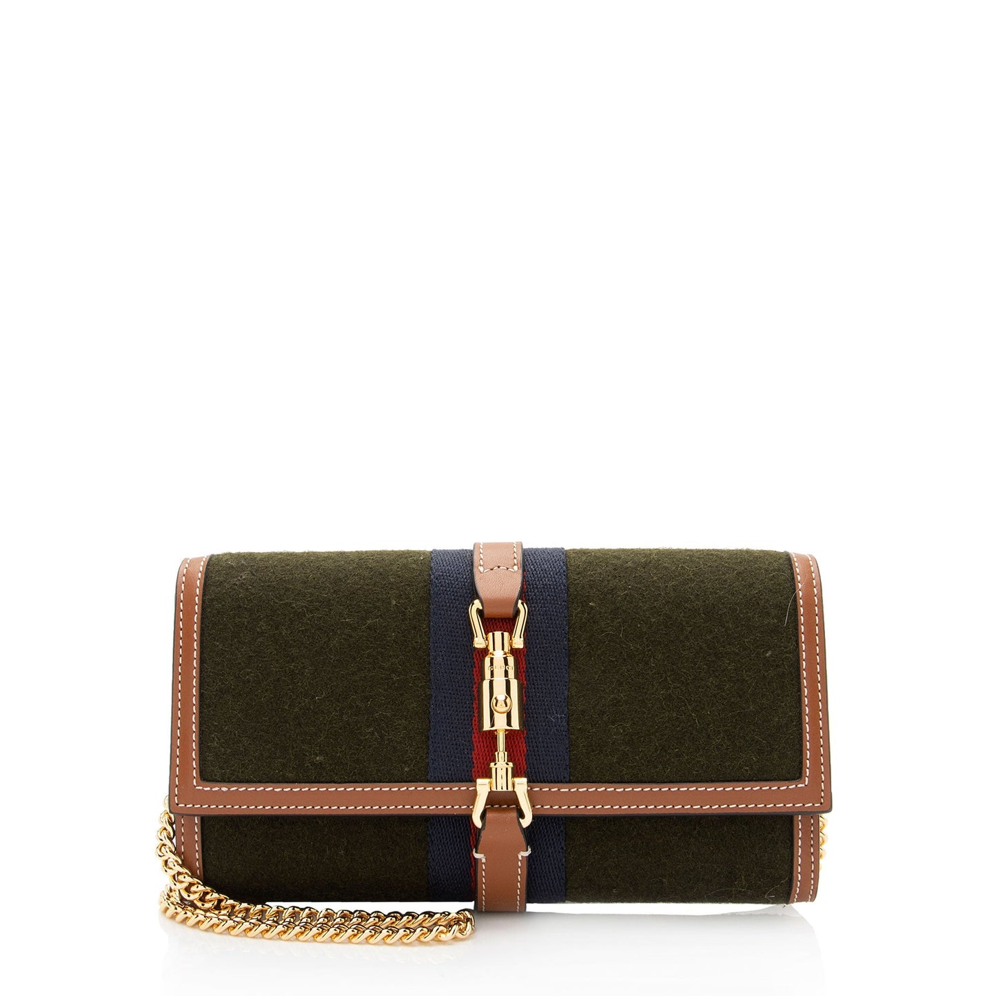 Gucci Wool Web Jackie Wallet on Nylon Brown Green Chain Crossbody Bag