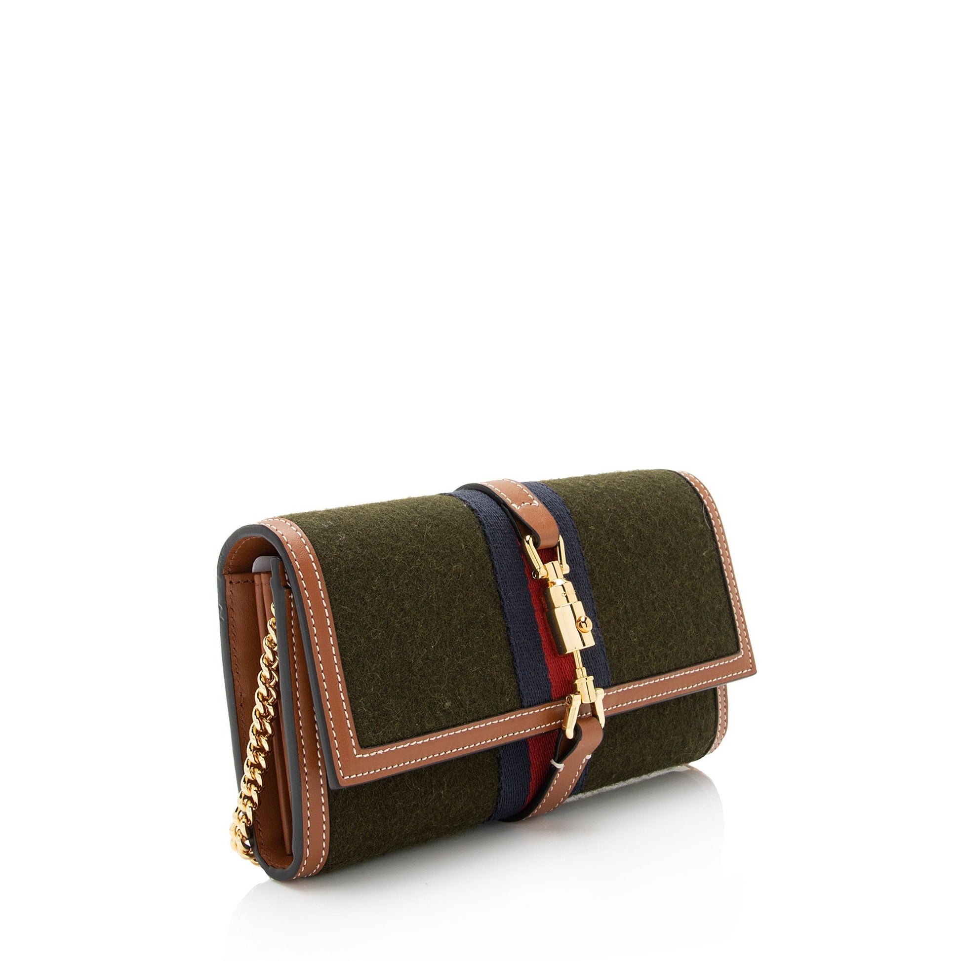 Gucci Wool Web Jackie Wallet on Nylon Brown Green Chain Crossbody Bag