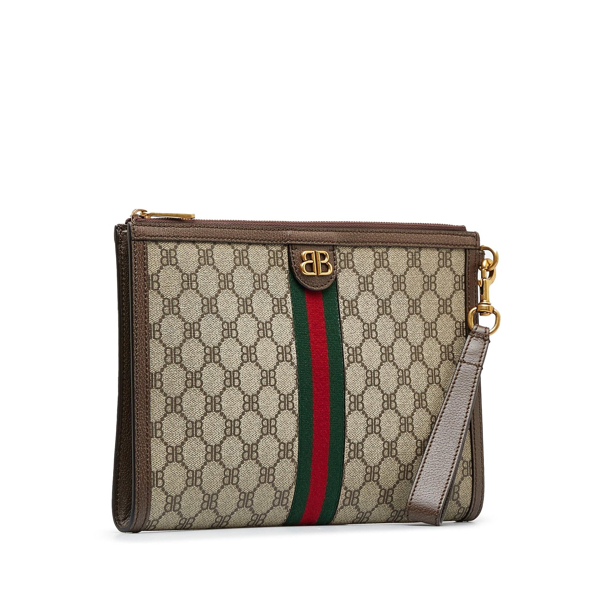 Gucci X Balenciaga BB Supreme Ophidia Canvas Brown Clutch Bag Shg Hijcjq