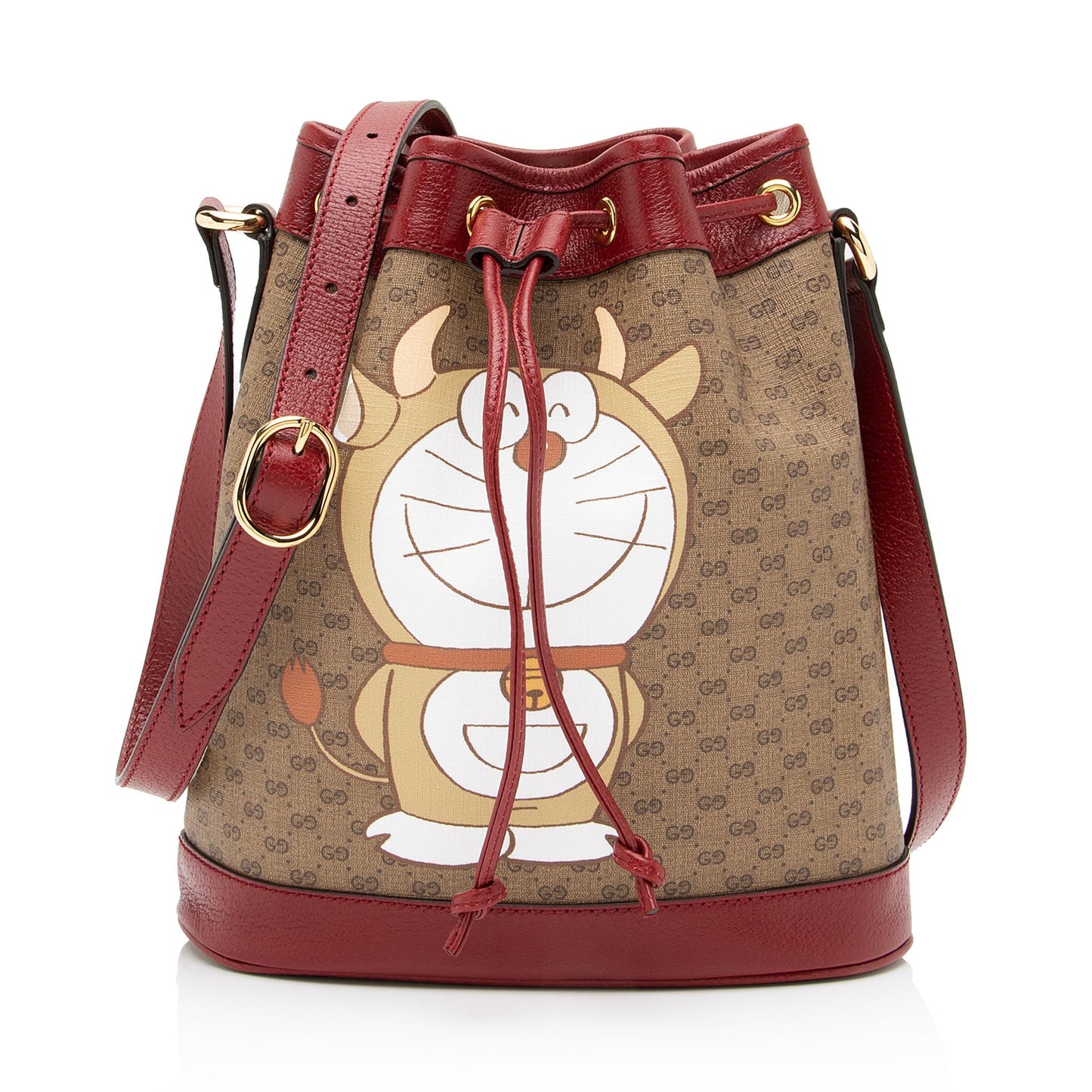 Gucci X Doraemon Micro GG Bucket Leather Canvas Brown Red Crossbody Bag Bag Shf