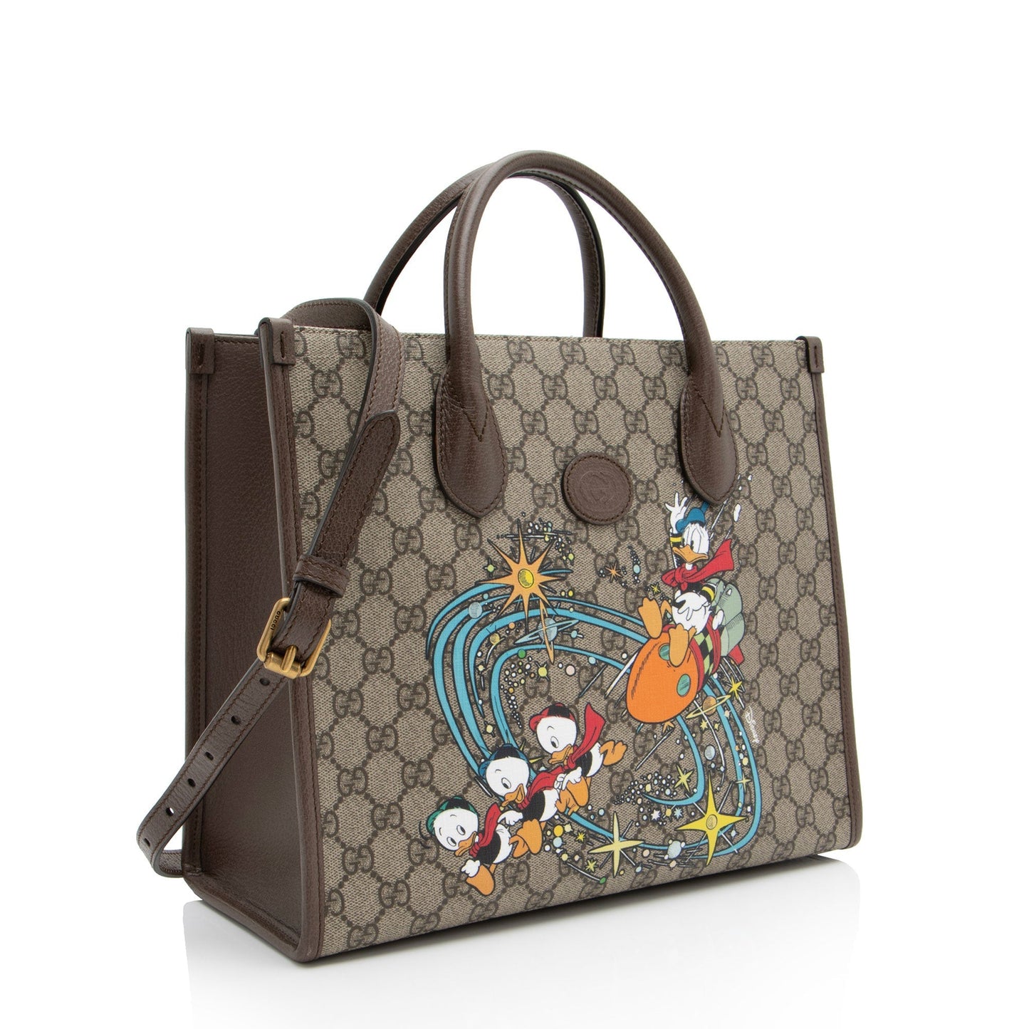 Gucci x Disney GG Supreme Donald Leather Canvas Brown Medium Tote Bag