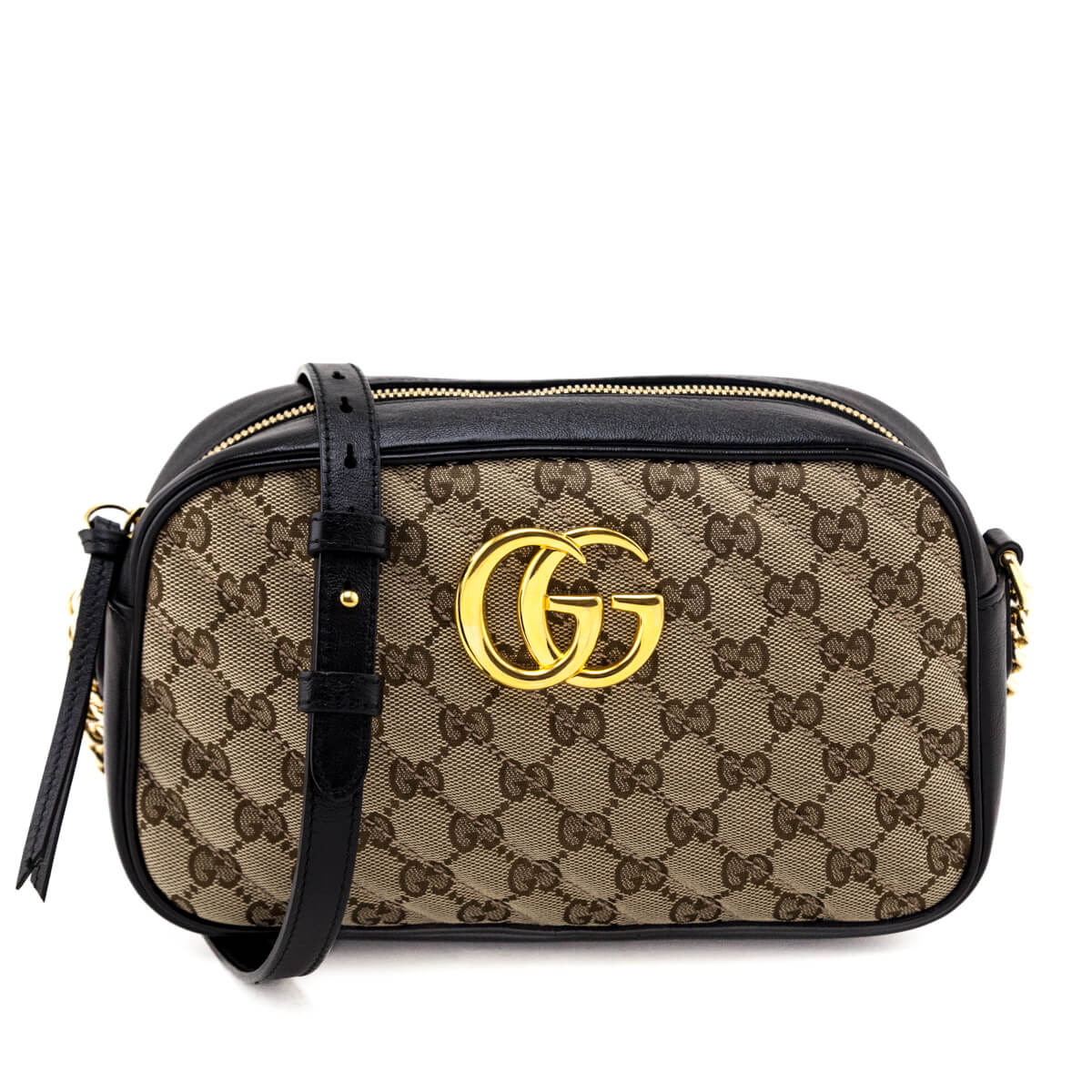 Gucci Beige & Black Monogram Matelasse Diagonal Small GG Marmont Chain Shoulder Bag