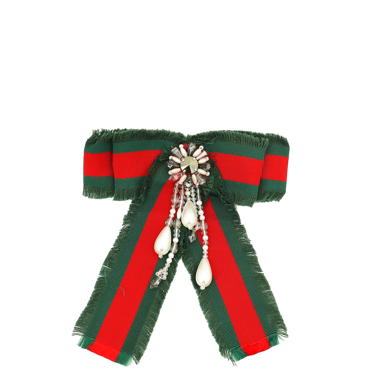 Gucci Bicolor Grosgrain Web Pearl Crystal Bow Brooch